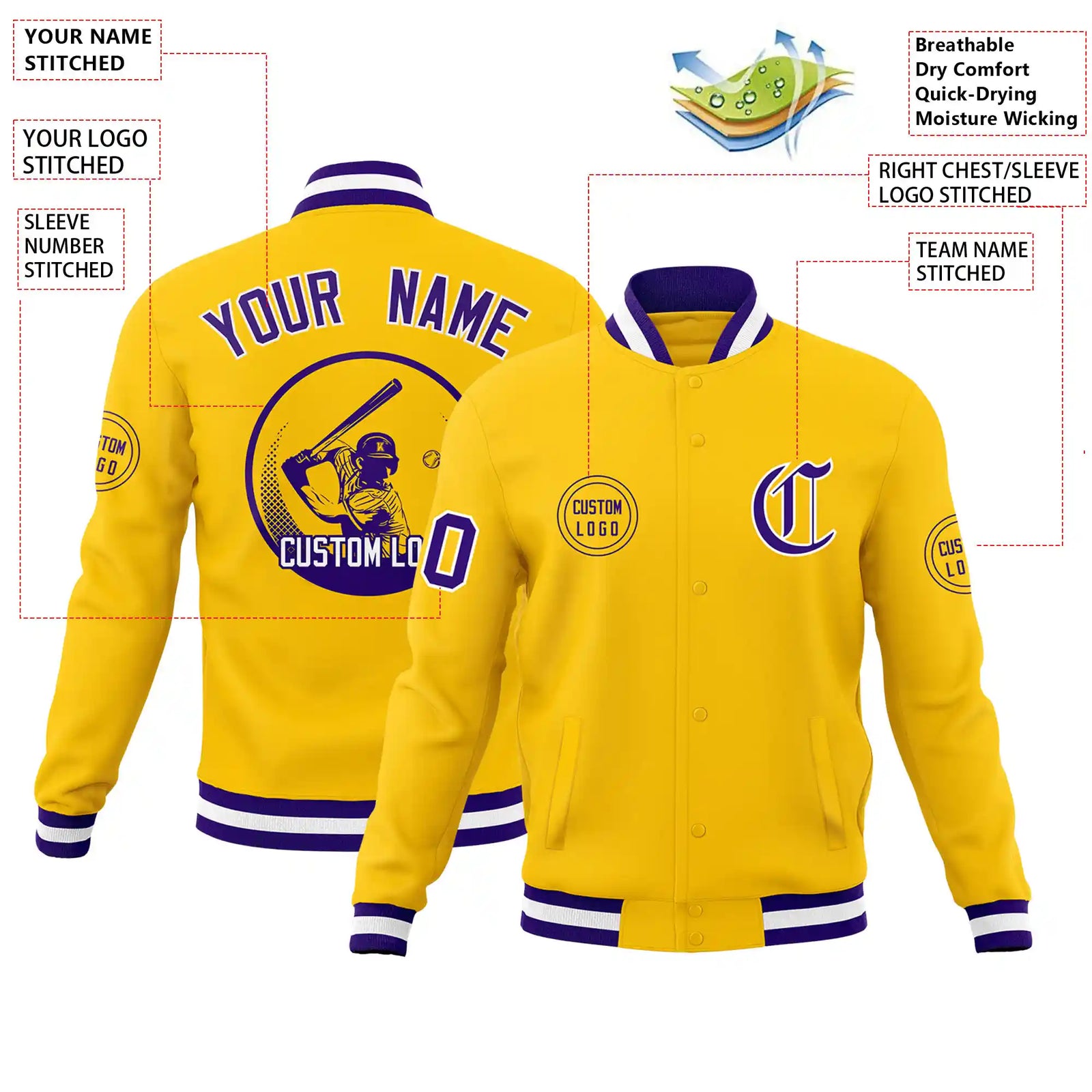 Custom Gold-1 Purple-White Bomber Full-Snap Varsity Letterman Jacket