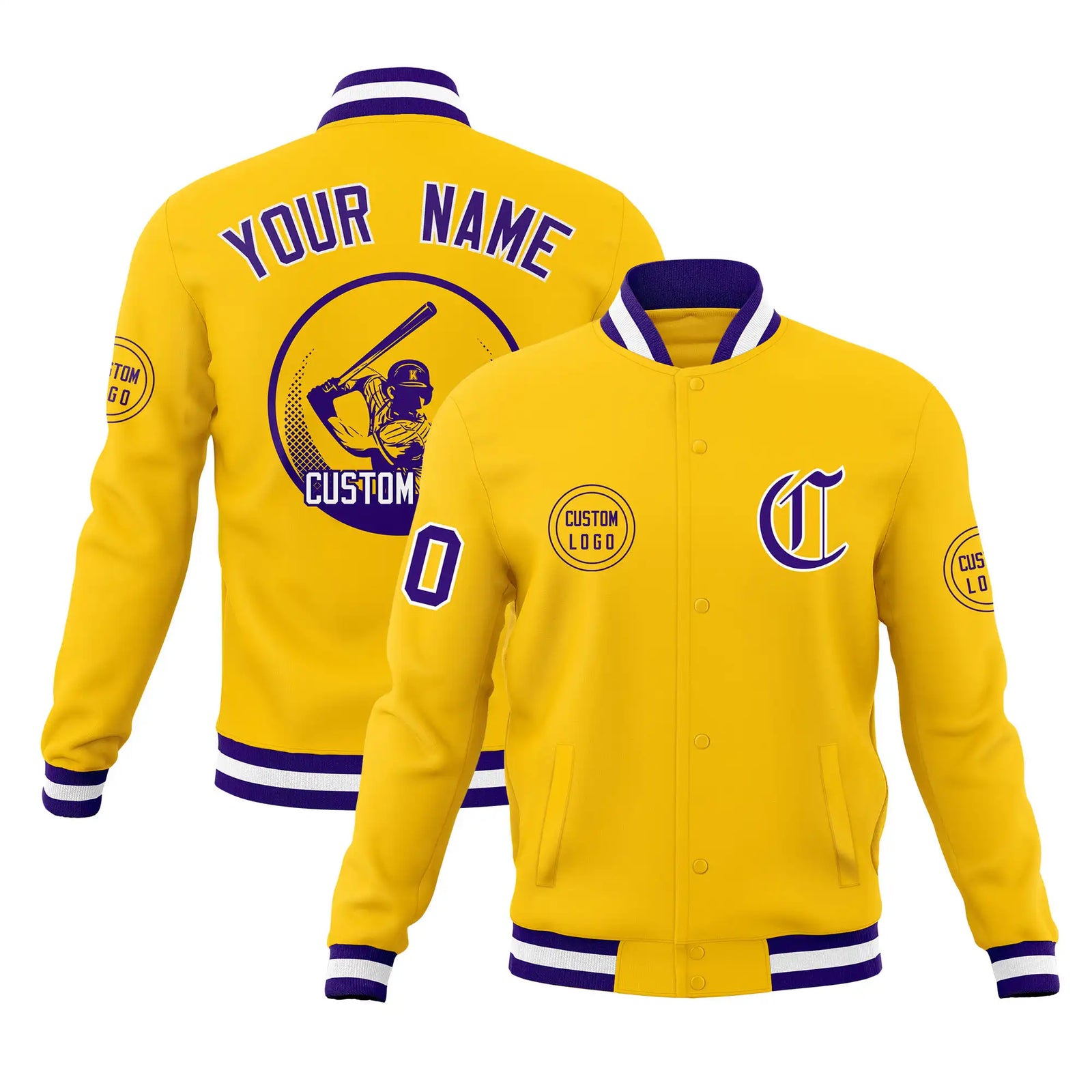 Custom Gold-1 Purple-White Bomber Full-Snap Varsity Letterman Jacket