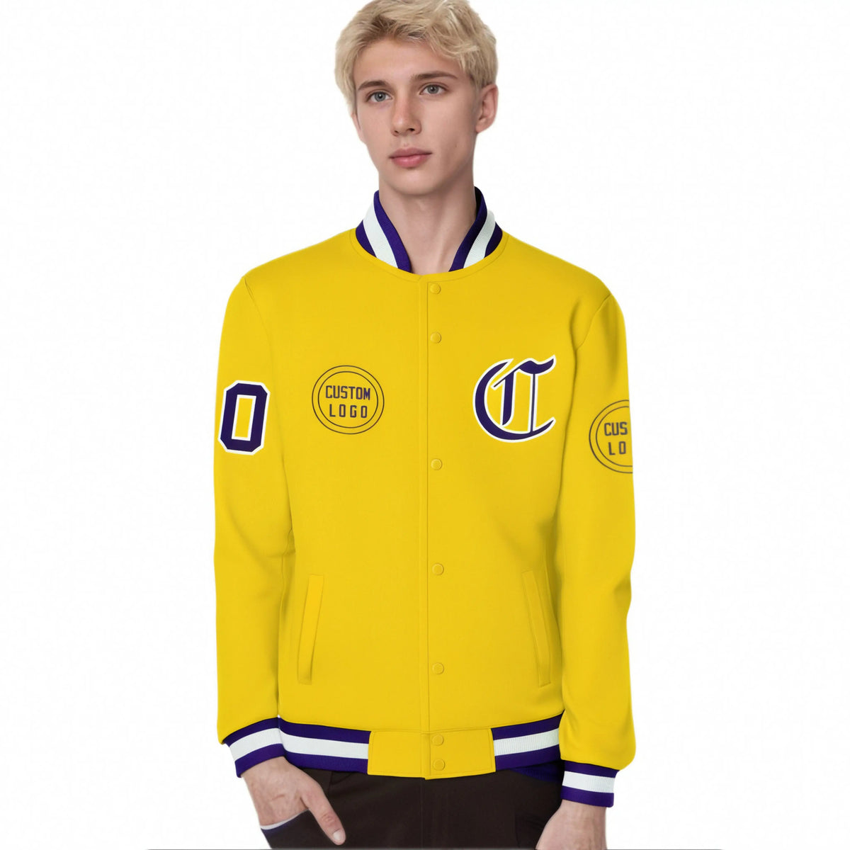Custom Gold-1 Purple-White Bomber Full-Snap Varsity Letterman Jacket