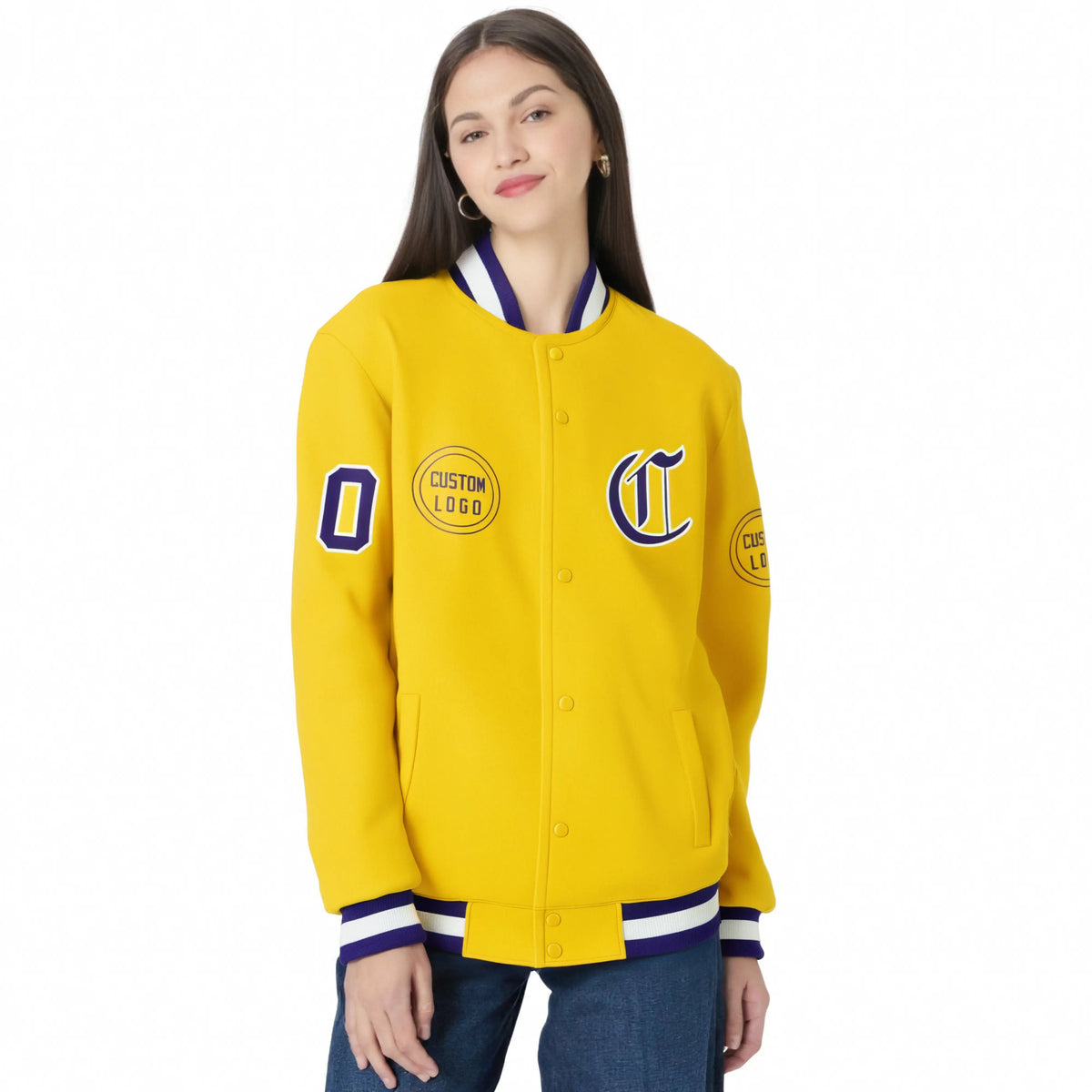 Custom Gold-1 Purple-White Bomber Full-Snap Varsity Letterman Jacket