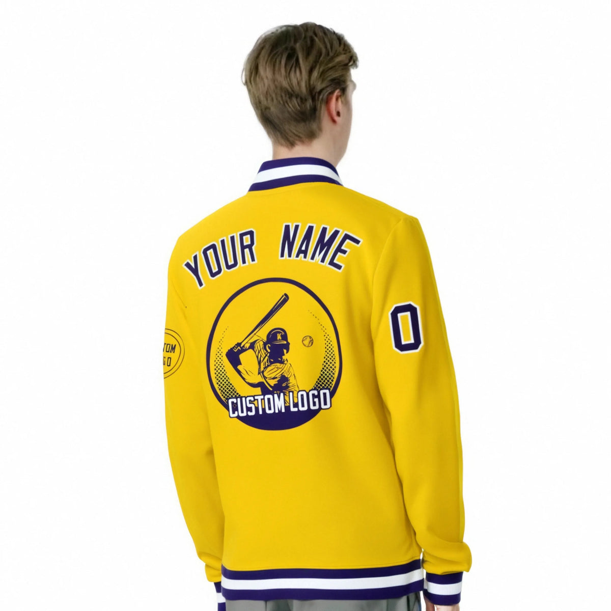 Custom Gold-1 Purple-White Bomber Full-Snap Varsity Letterman Jacket