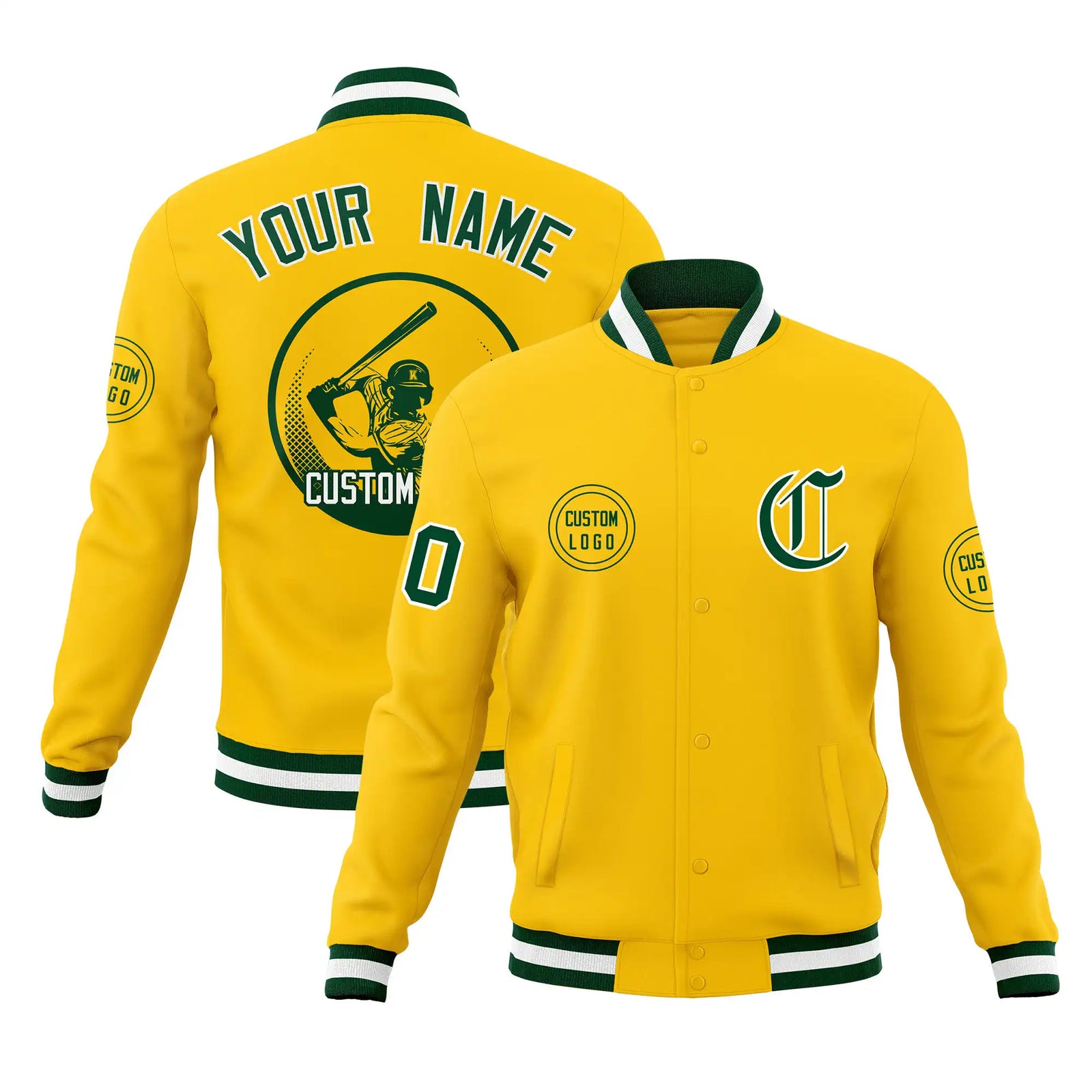 Custom Gold-1 Green-White Bomber Full-Snap Varsity Letterman Jacket