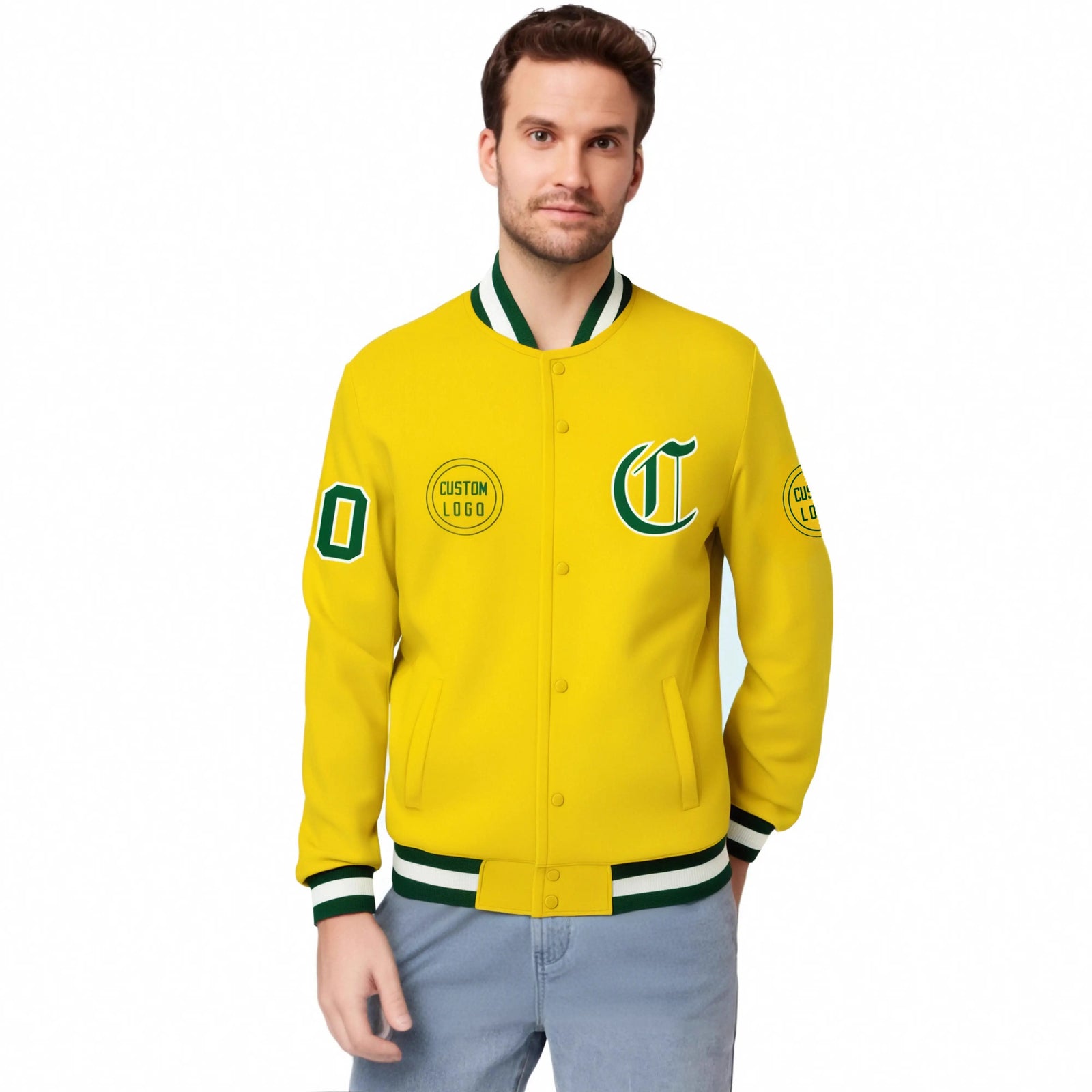 Custom Gold-1 Green-White Bomber Full-Snap Varsity Letterman Jacket