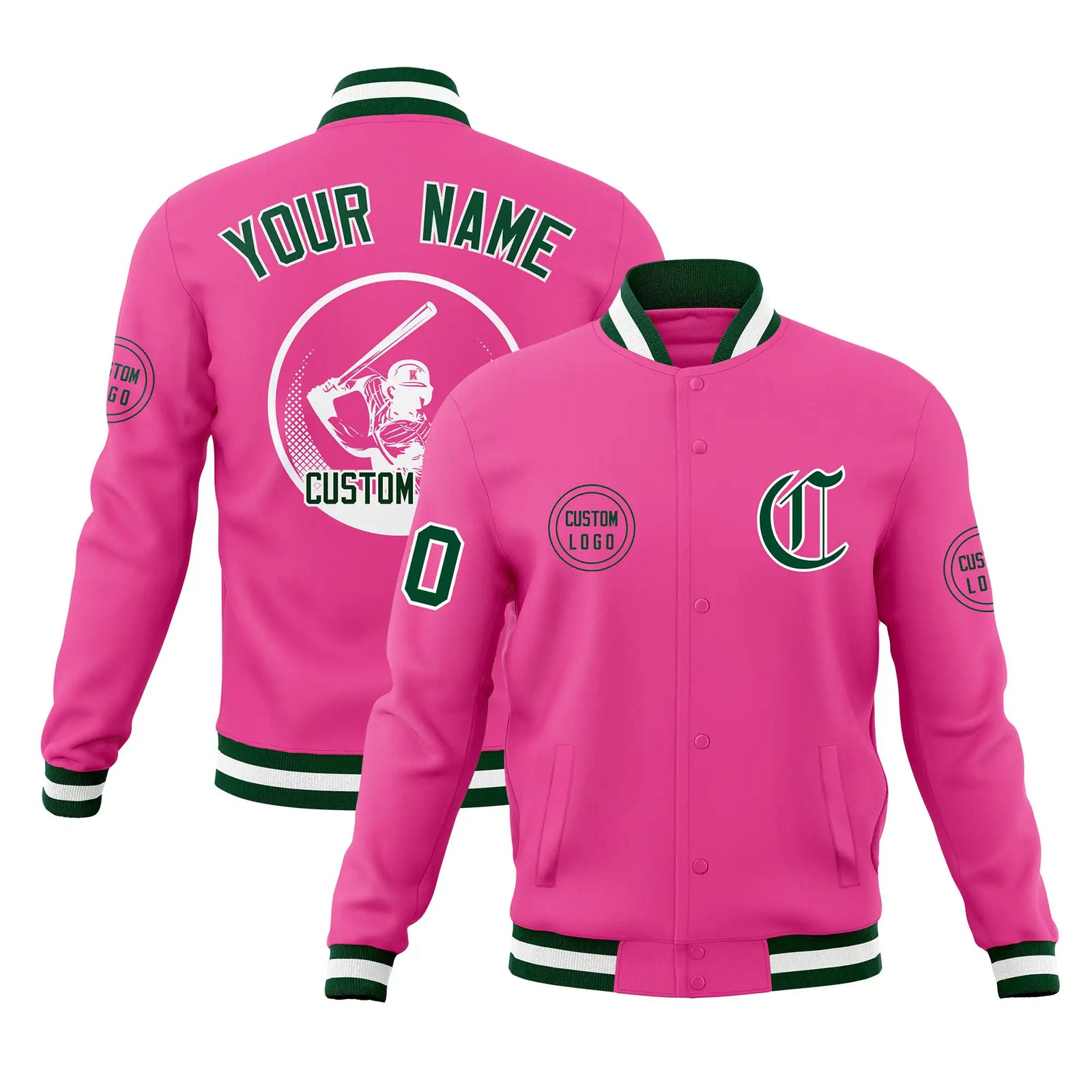 Custom Pink Green-White Bomber Full-Snap Varsity Letterman Jacket