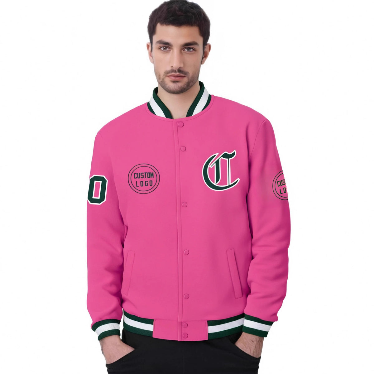 Custom Pink Green-White Bomber Full-Snap Varsity Letterman Jacket
