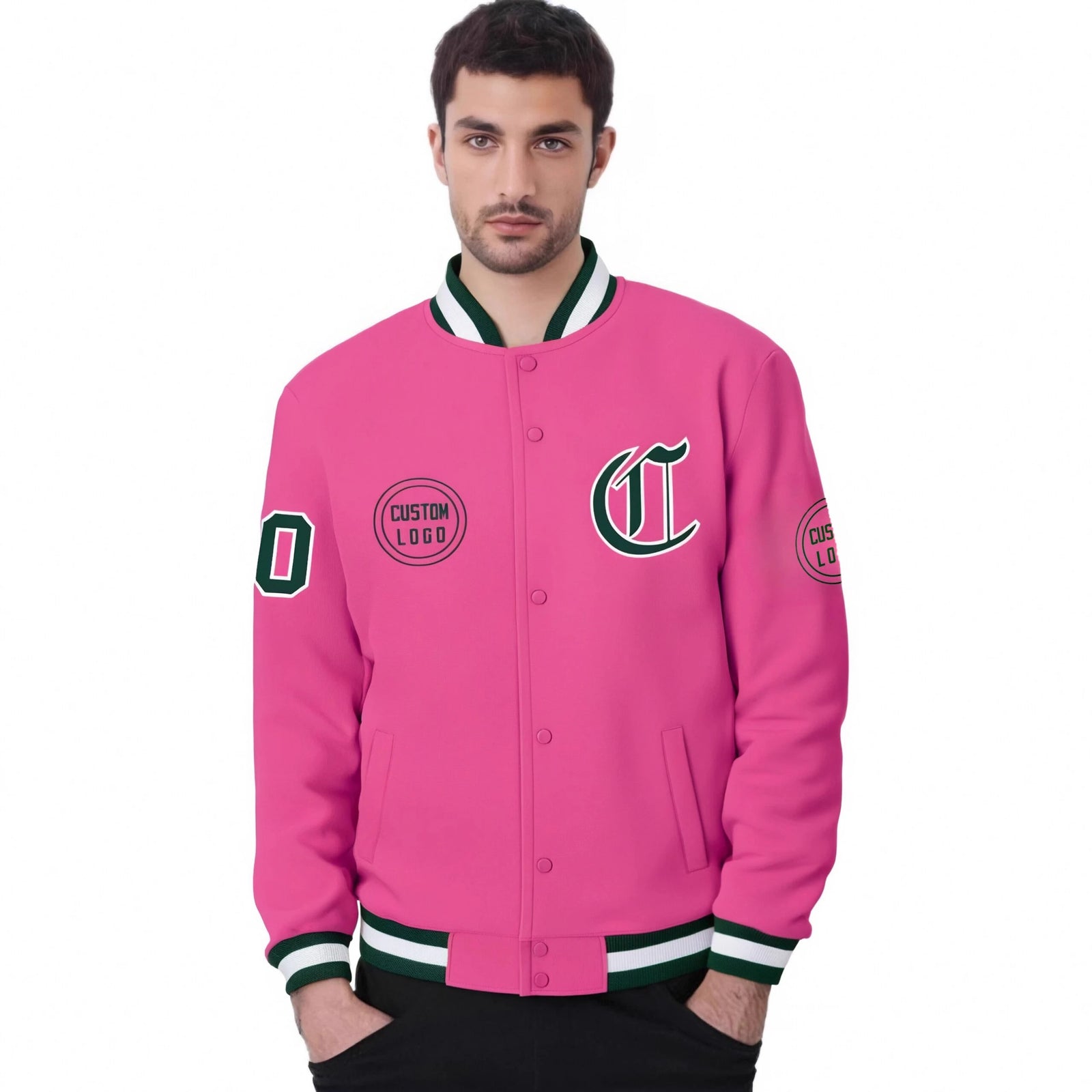Custom Pink Green-White Bomber Full-Snap Varsity Letterman Jacket