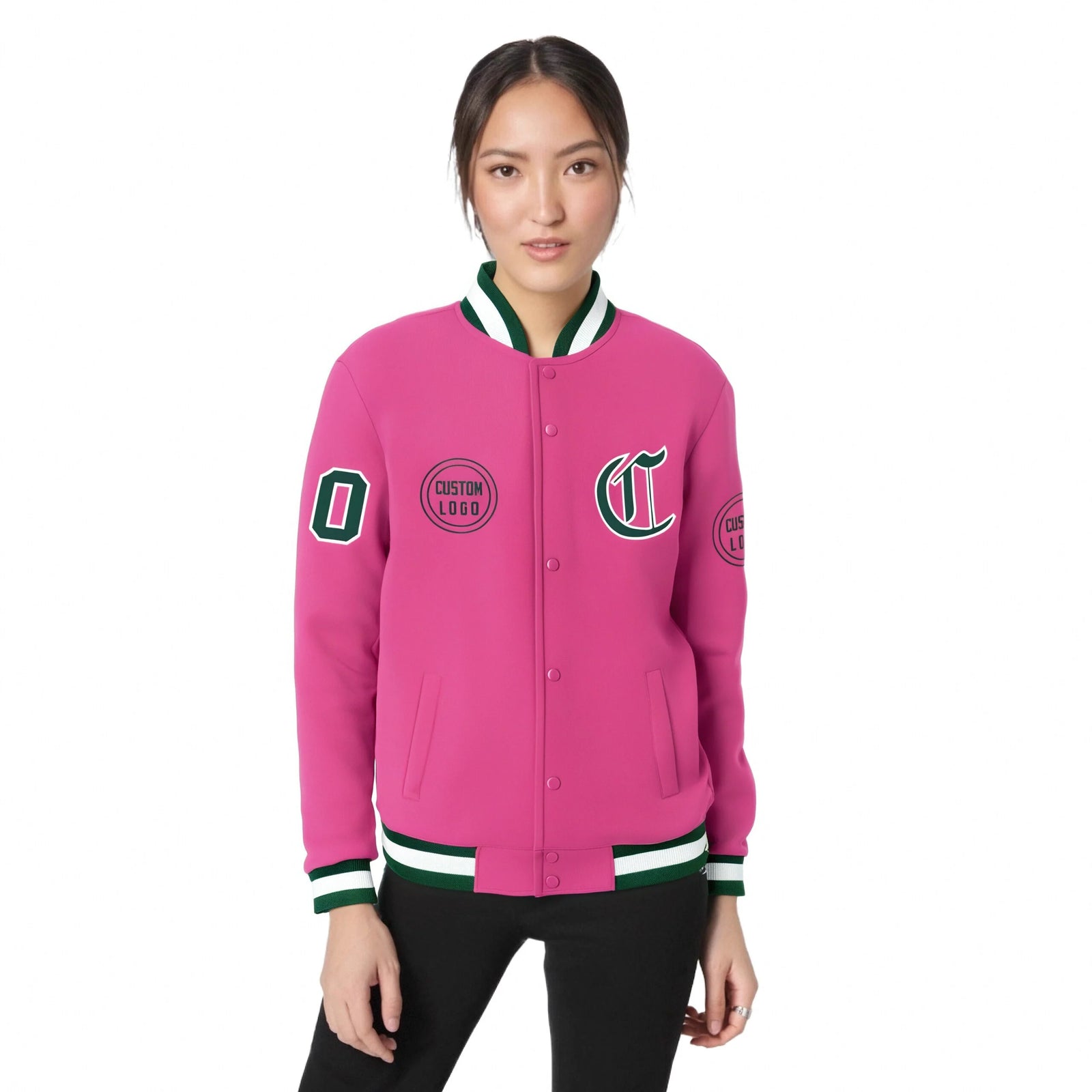 Custom Pink Green-White Bomber Full-Snap Varsity Letterman Jacket