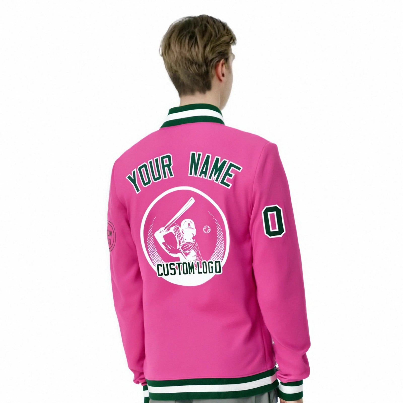 Custom Pink Green-White Bomber Full-Snap Varsity Letterman Jacket