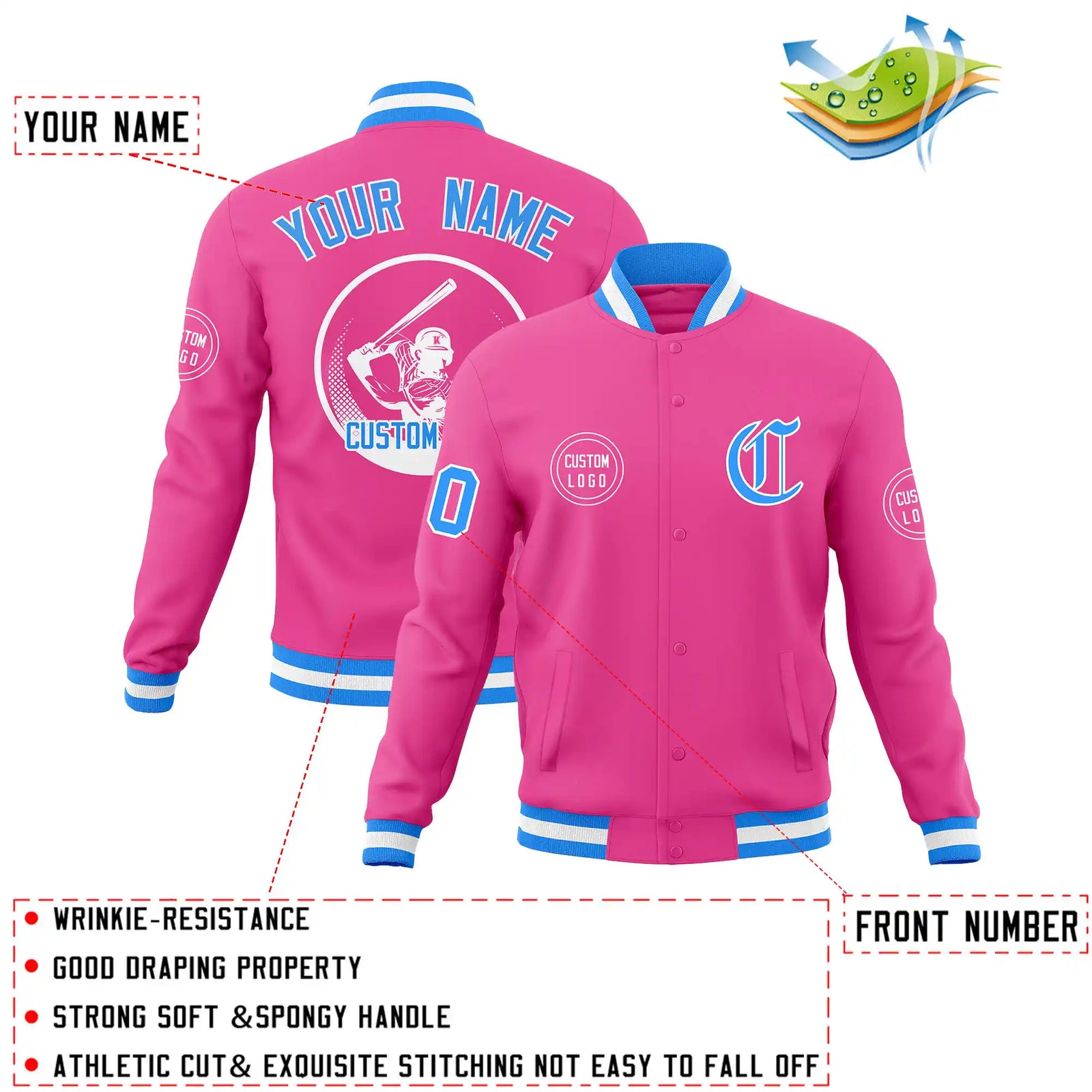 Custom Pink Powder Blue-White Bomber Full-Snap Varsity Letterman Jacket