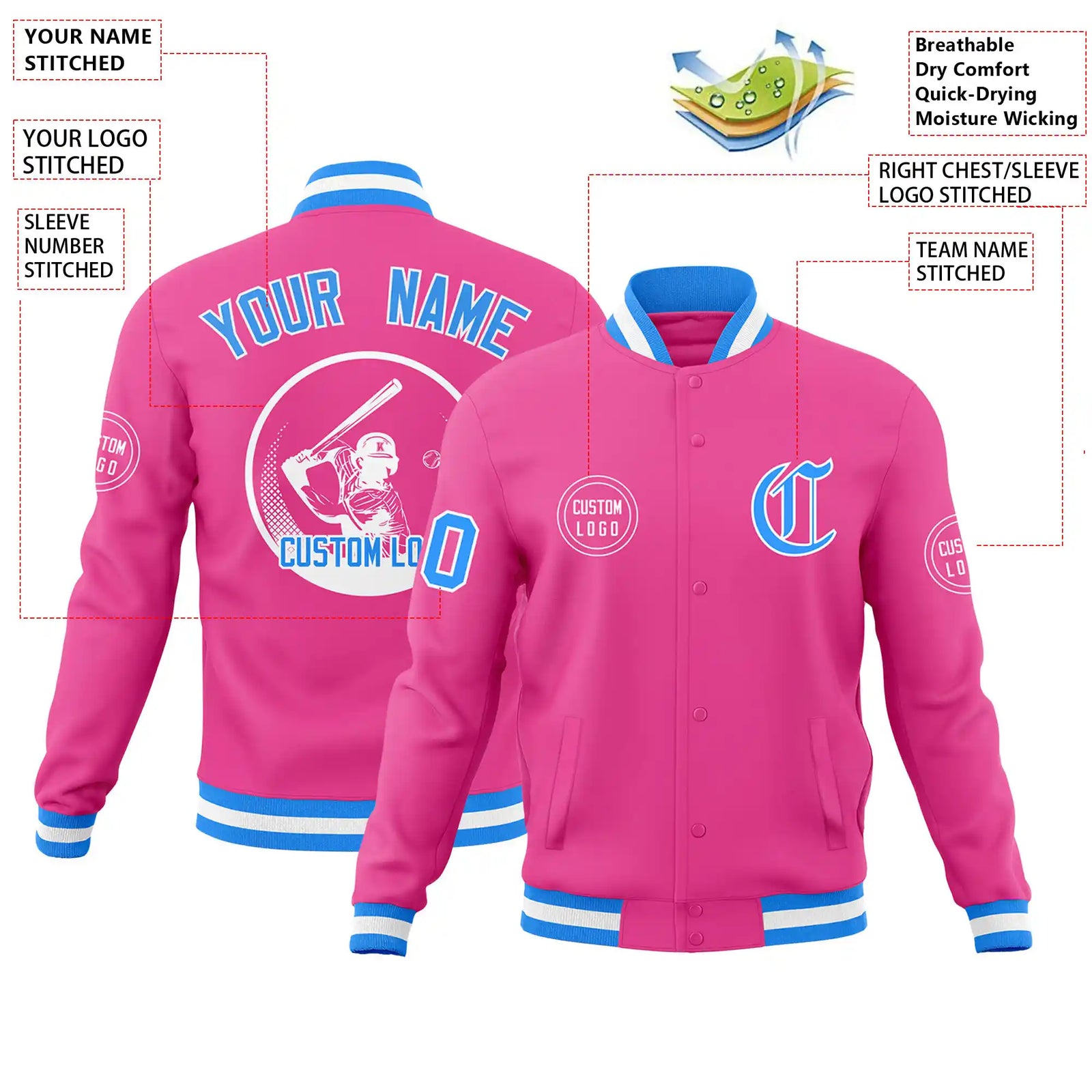 Custom Pink Powder Blue-White Bomber Full-Snap Varsity Letterman Jacket
