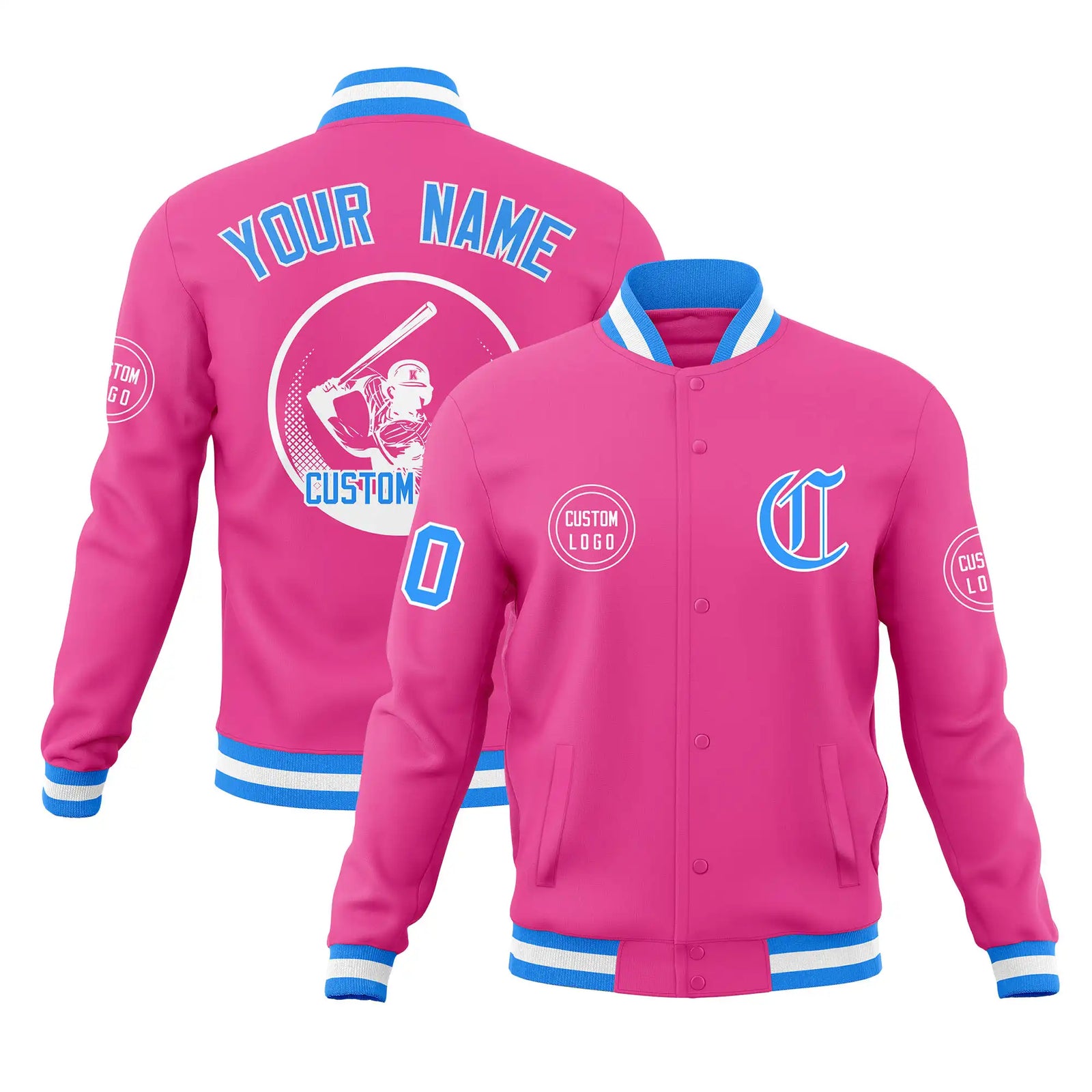 Custom Pink Powder Blue-White Bomber Full-Snap Varsity Letterman Jacket