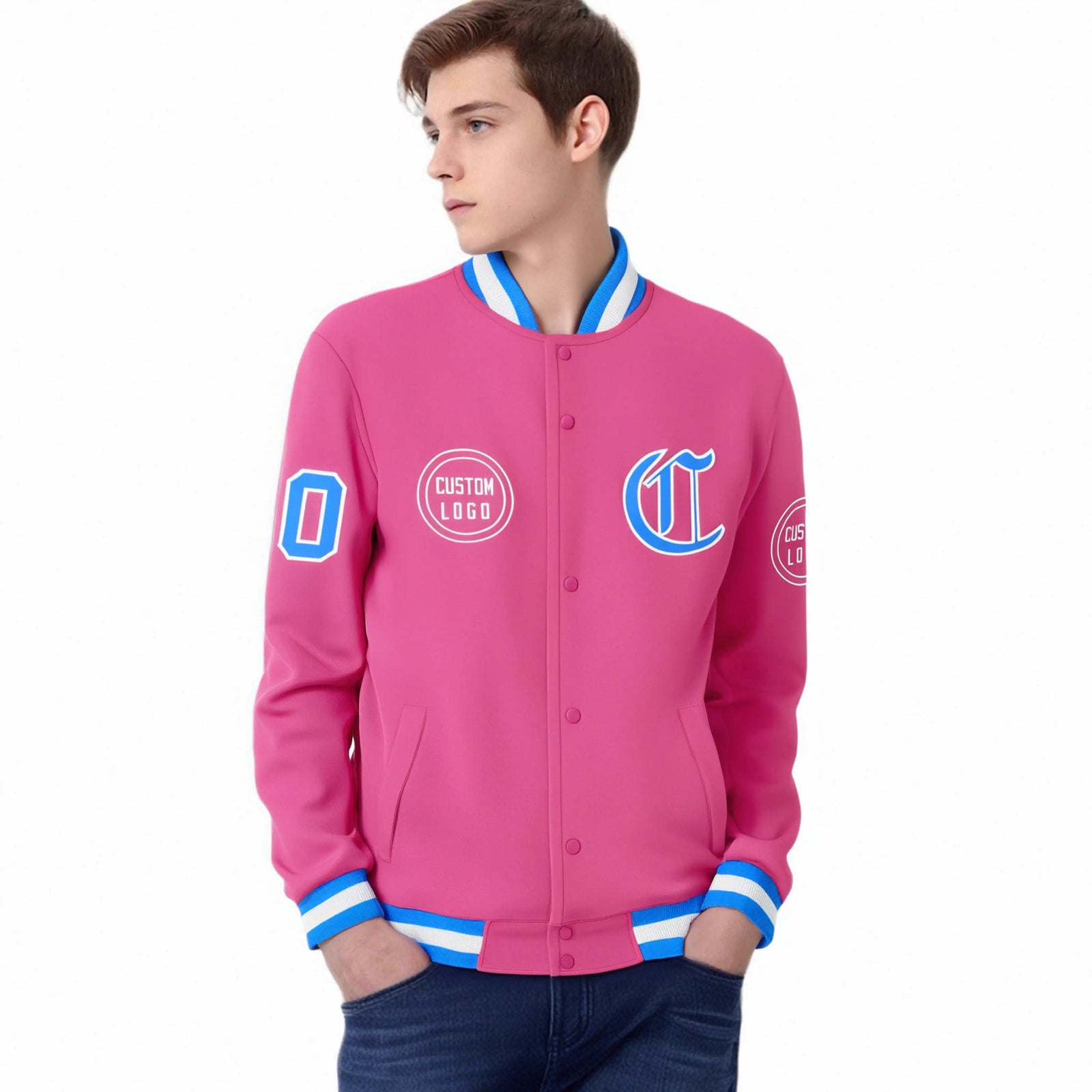 Custom Pink Powder Blue-White Bomber Full-Snap Varsity Letterman Jacket