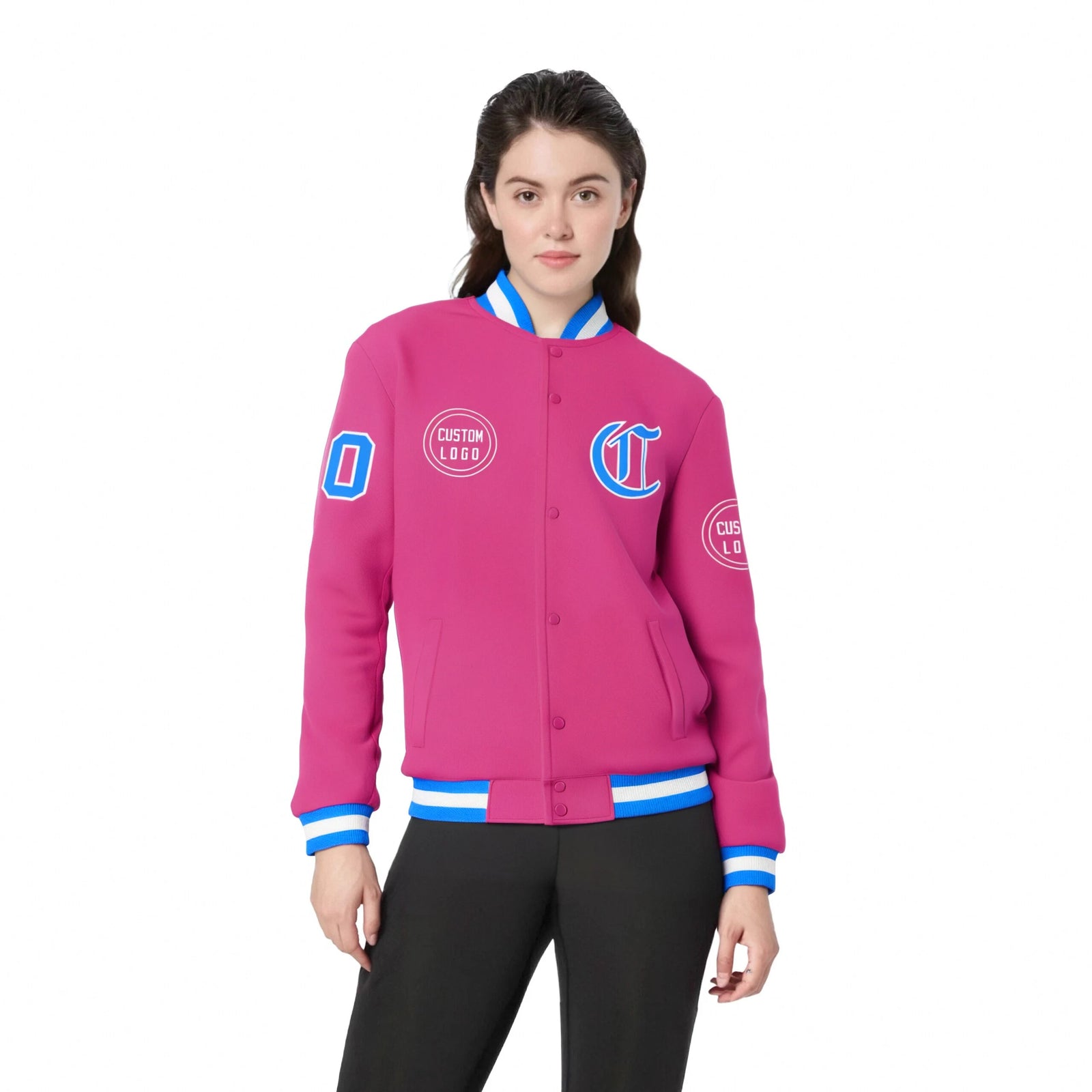 Custom Pink Powder Blue-White Bomber Full-Snap Varsity Letterman Jacket