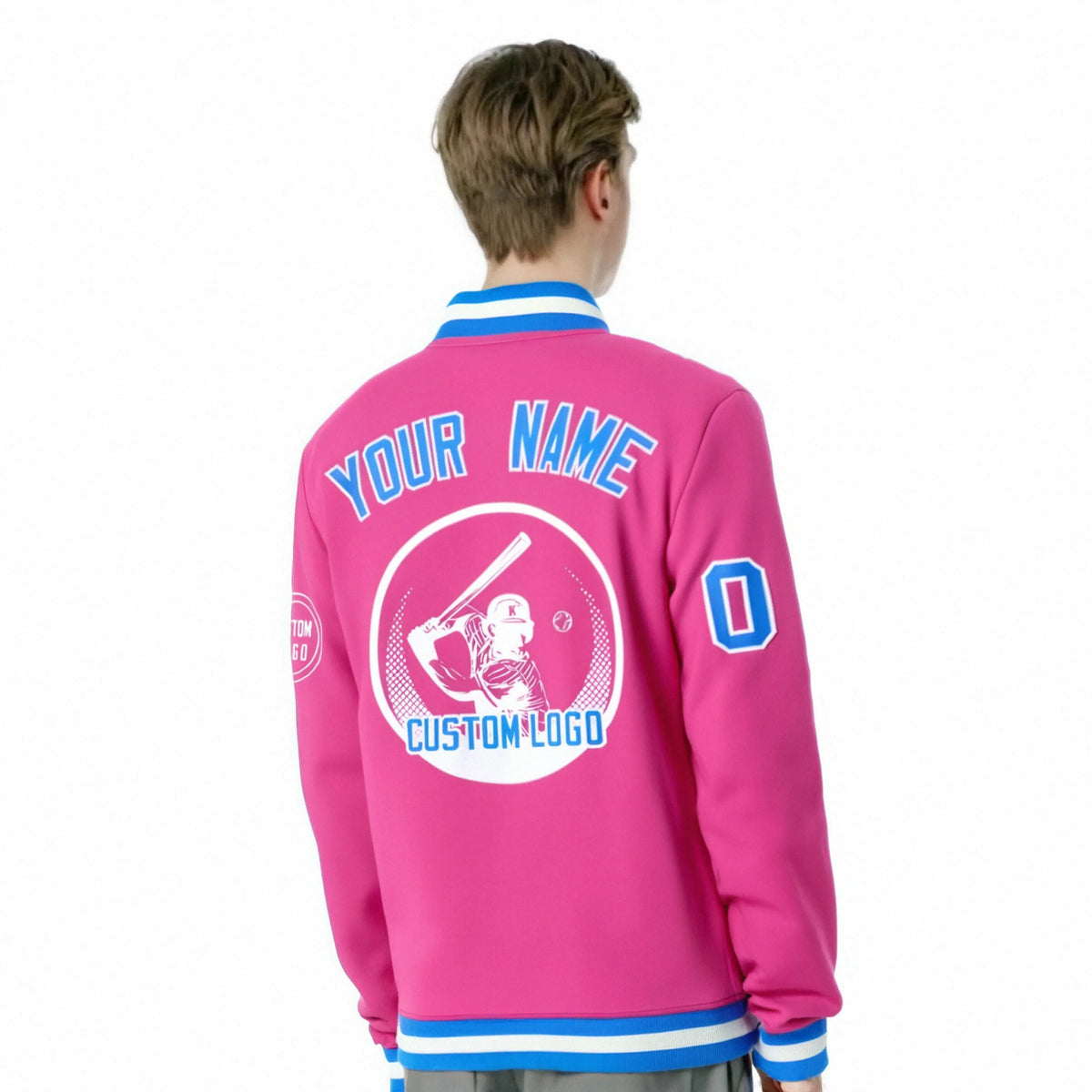 Custom Pink Powder Blue-White Bomber Full-Snap Varsity Letterman Jacket