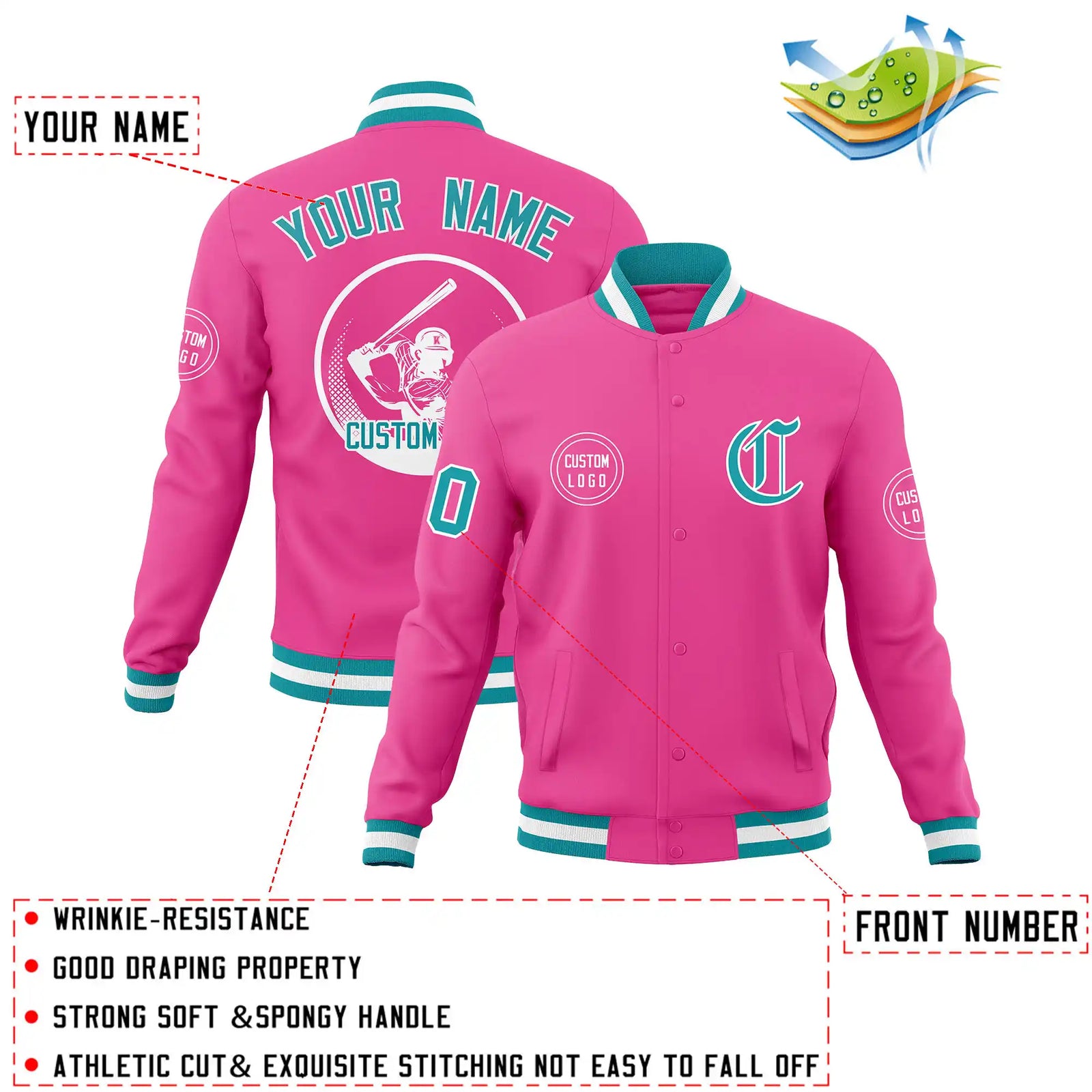 Custom Pink Aqua-White Bomber Full-Snap Varsity Letterman Jacket