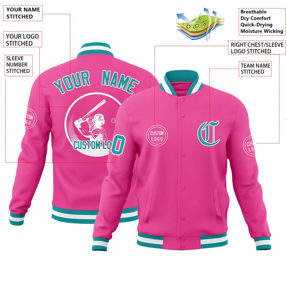 Custom Pink Aqua-White Bomber Full-Snap Varsity Letterman Jacket