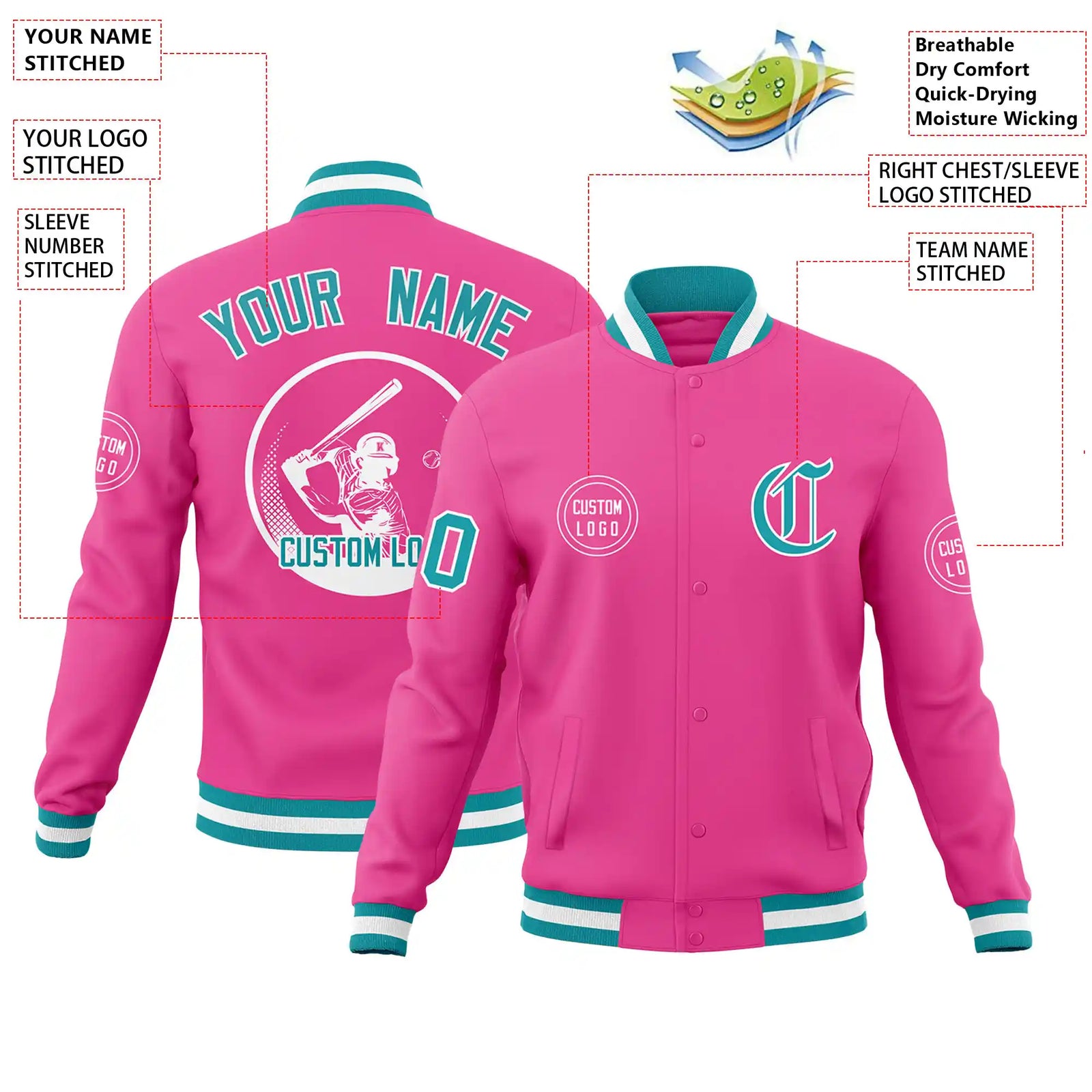 Custom Pink Aqua-White Bomber Full-Snap Varsity Letterman Jacket