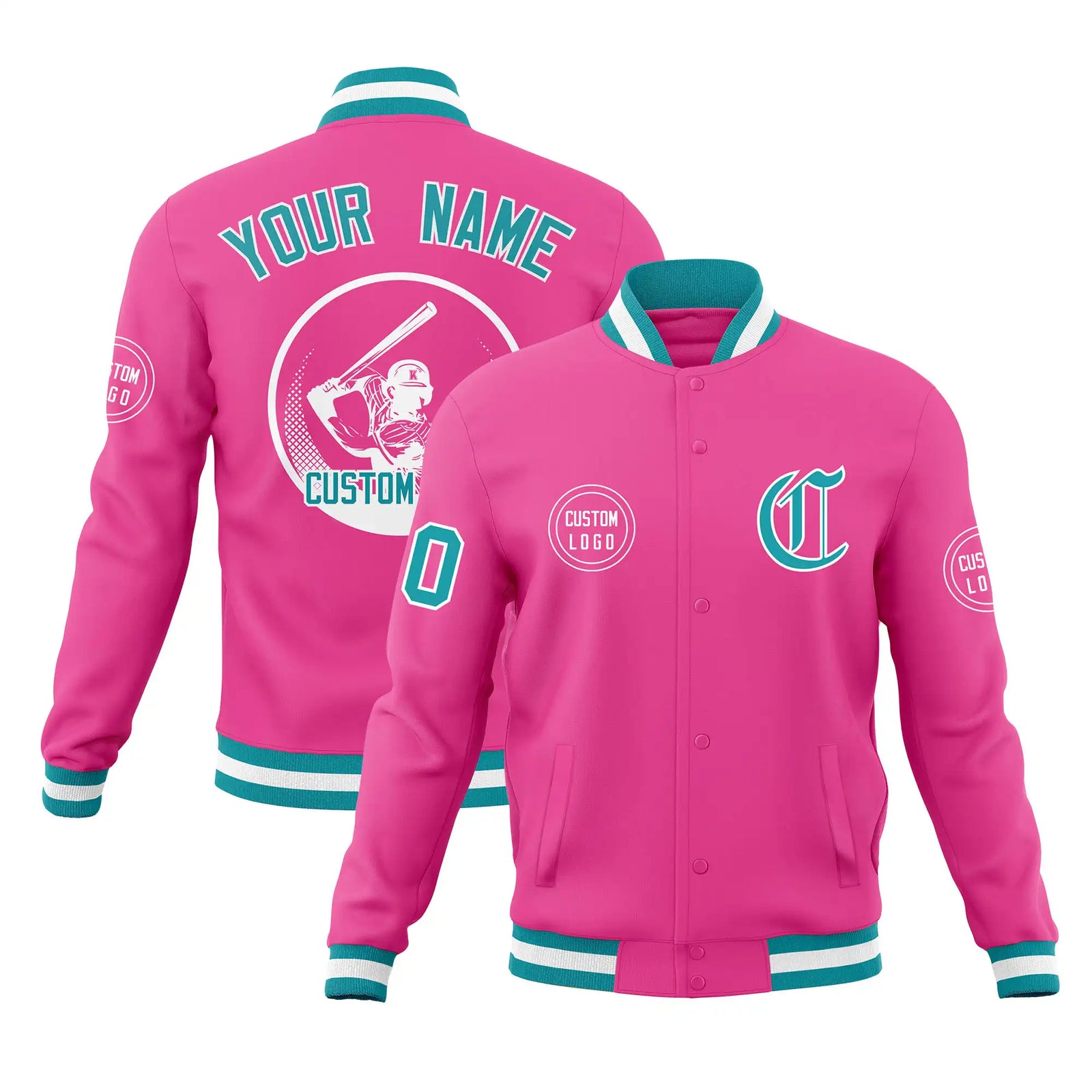 Custom Pink Aqua-White Bomber Full-Snap Varsity Letterman Jacket