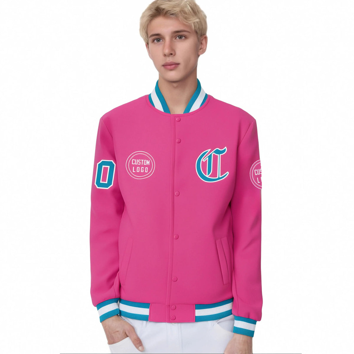 Custom Pink Aqua-White Bomber Full-Snap Varsity Letterman Jacket