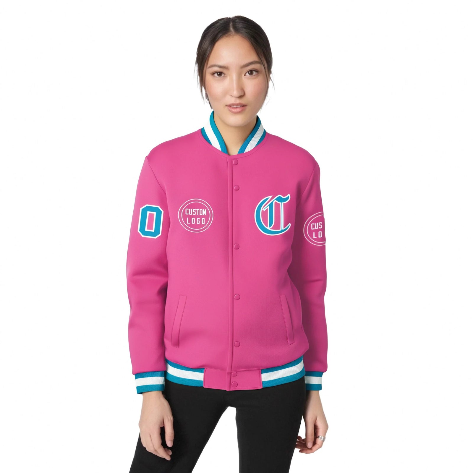 Custom Pink Aqua-White Bomber Full-Snap Varsity Letterman Jacket