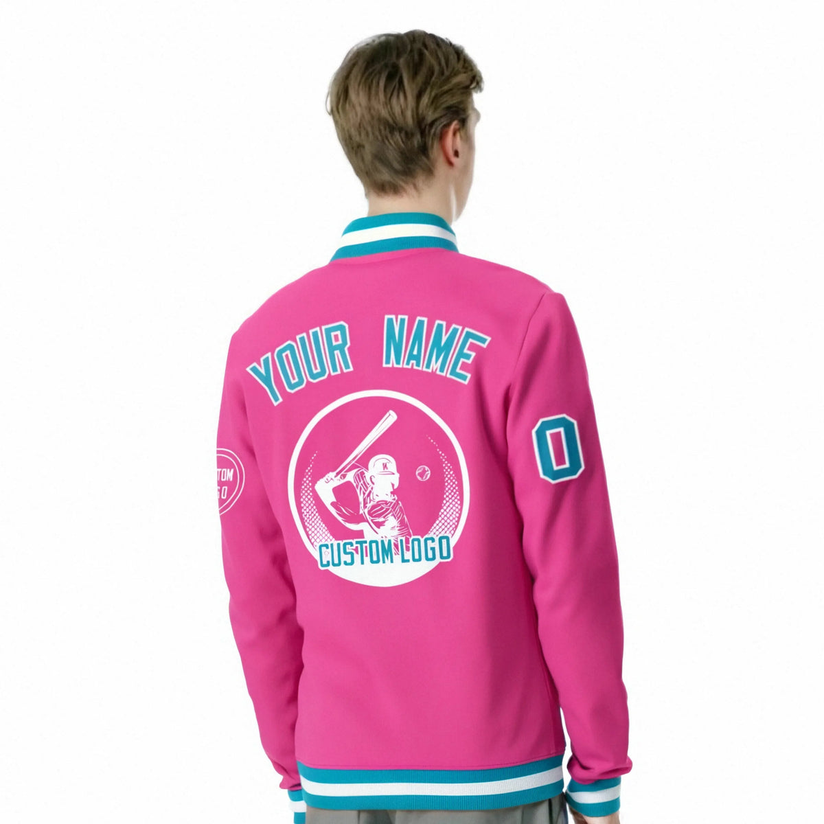 Custom Pink Aqua-White Bomber Full-Snap Varsity Letterman Jacket