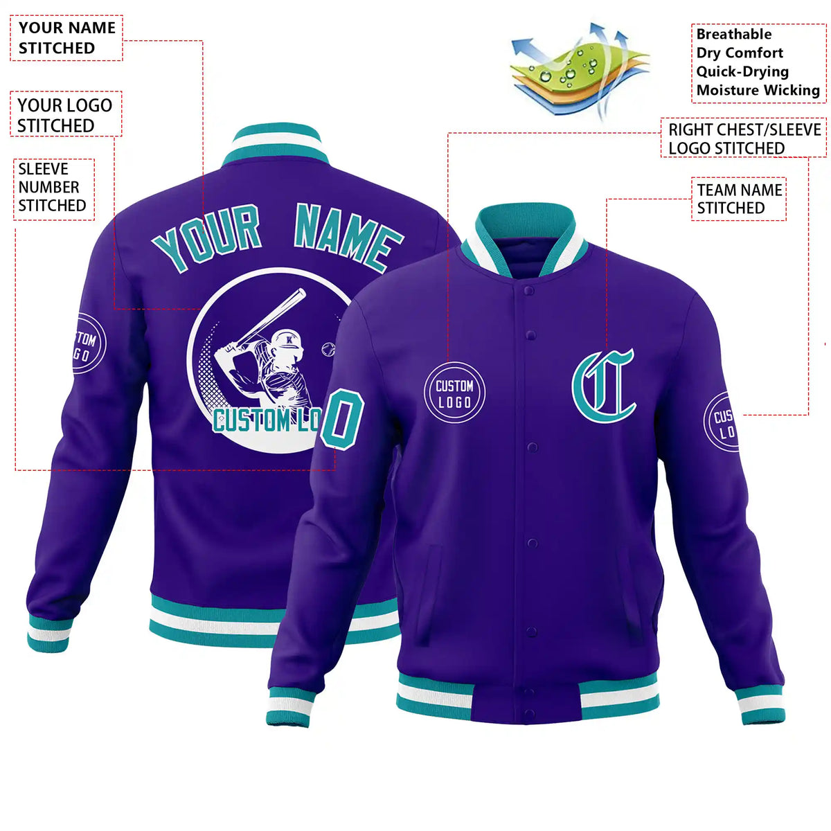 Custom Purple Aqua-White Bomber Full-Snap Varsity Letterman Jacket