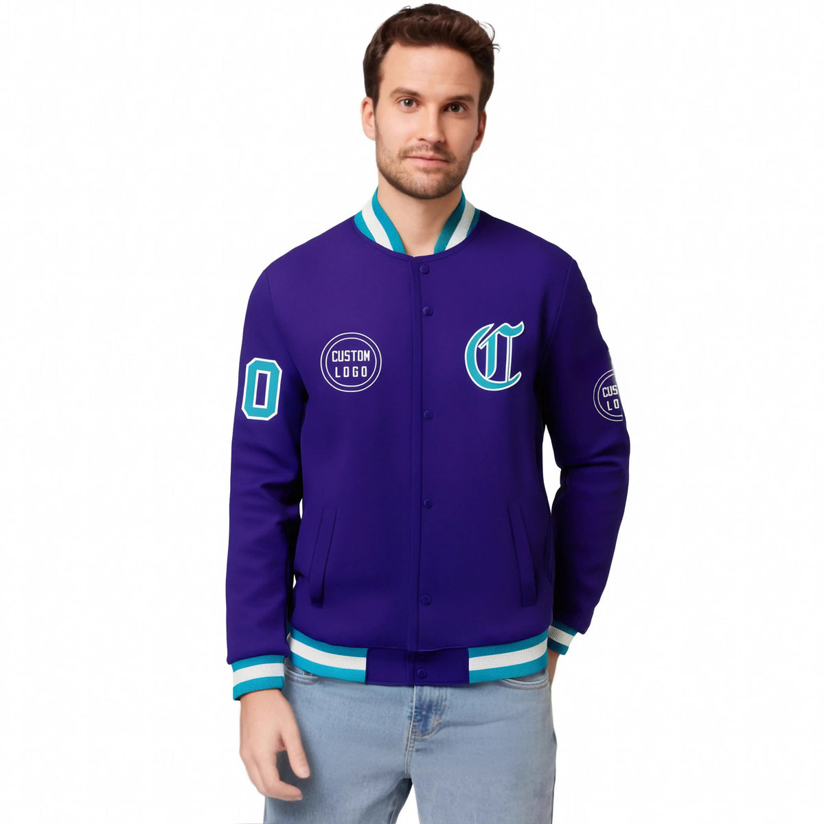 Custom Purple Aqua-White Bomber Full-Snap Varsity Letterman Jacket