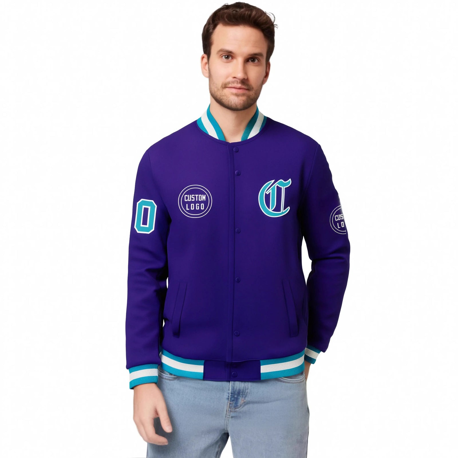 Custom Purple Aqua-White Bomber Full-Snap Varsity Letterman Jacket