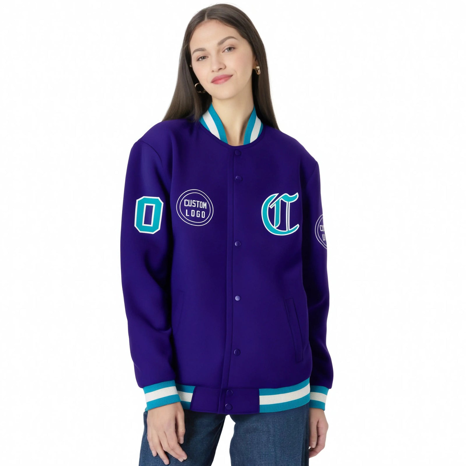 Custom Purple Aqua-White Bomber Full-Snap Varsity Letterman Jacket
