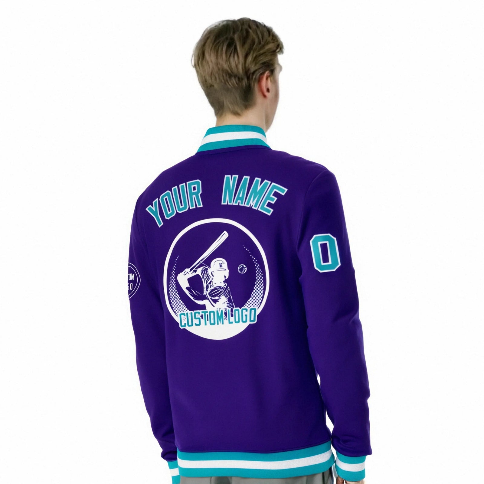 Custom Purple Aqua-White Bomber Full-Snap Varsity Letterman Jacket