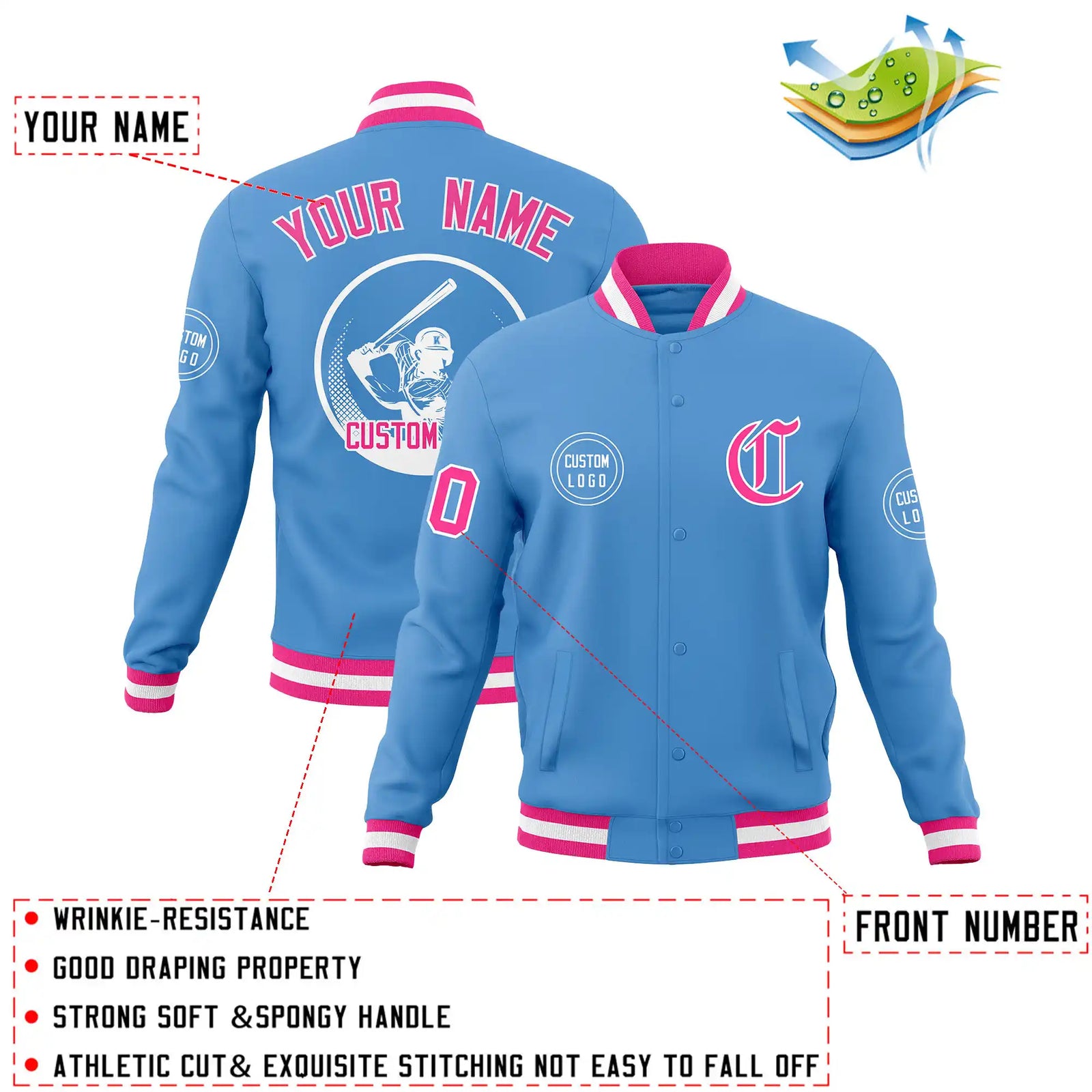 Custom Powder Blue Pink-White Bomber Full-Snap Varsity Letterman Jacket