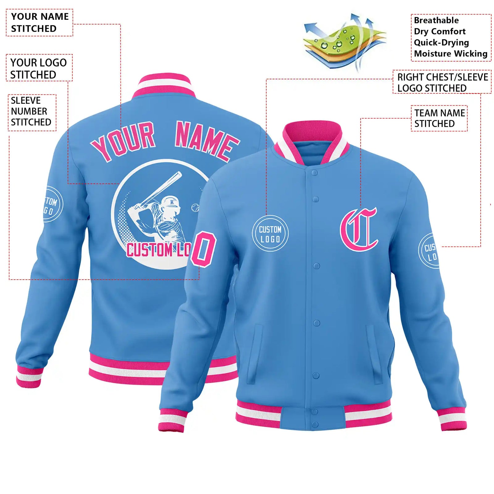 Custom Powder Blue Pink-White Bomber Full-Snap Varsity Letterman Jacket