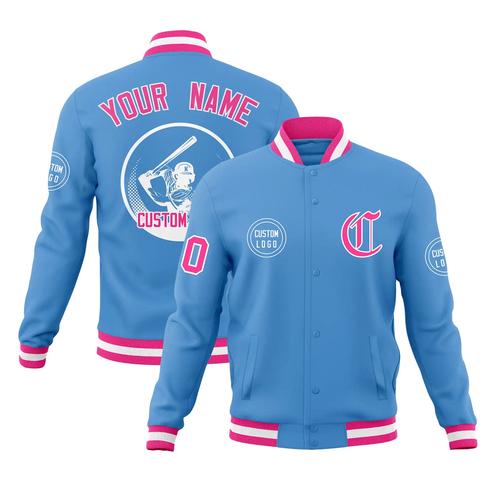 Custom Powder Blue Pink-White Bomber Full-Snap Varsity Letterman Jacket