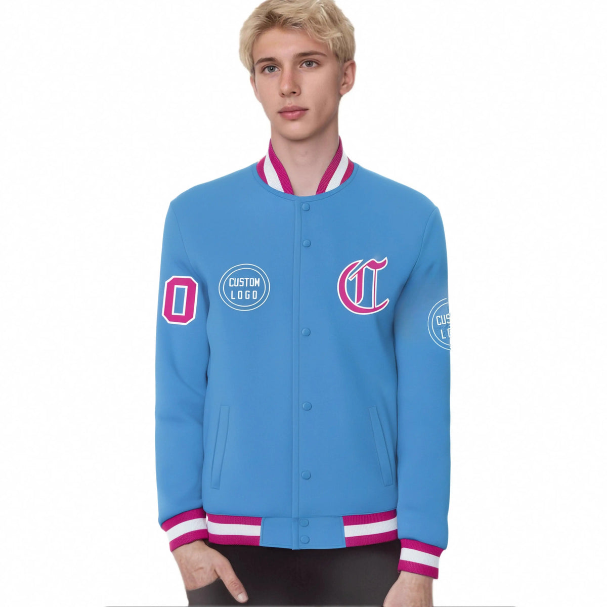 Custom Powder Blue Pink-White Bomber Full-Snap Varsity Letterman Jacket
