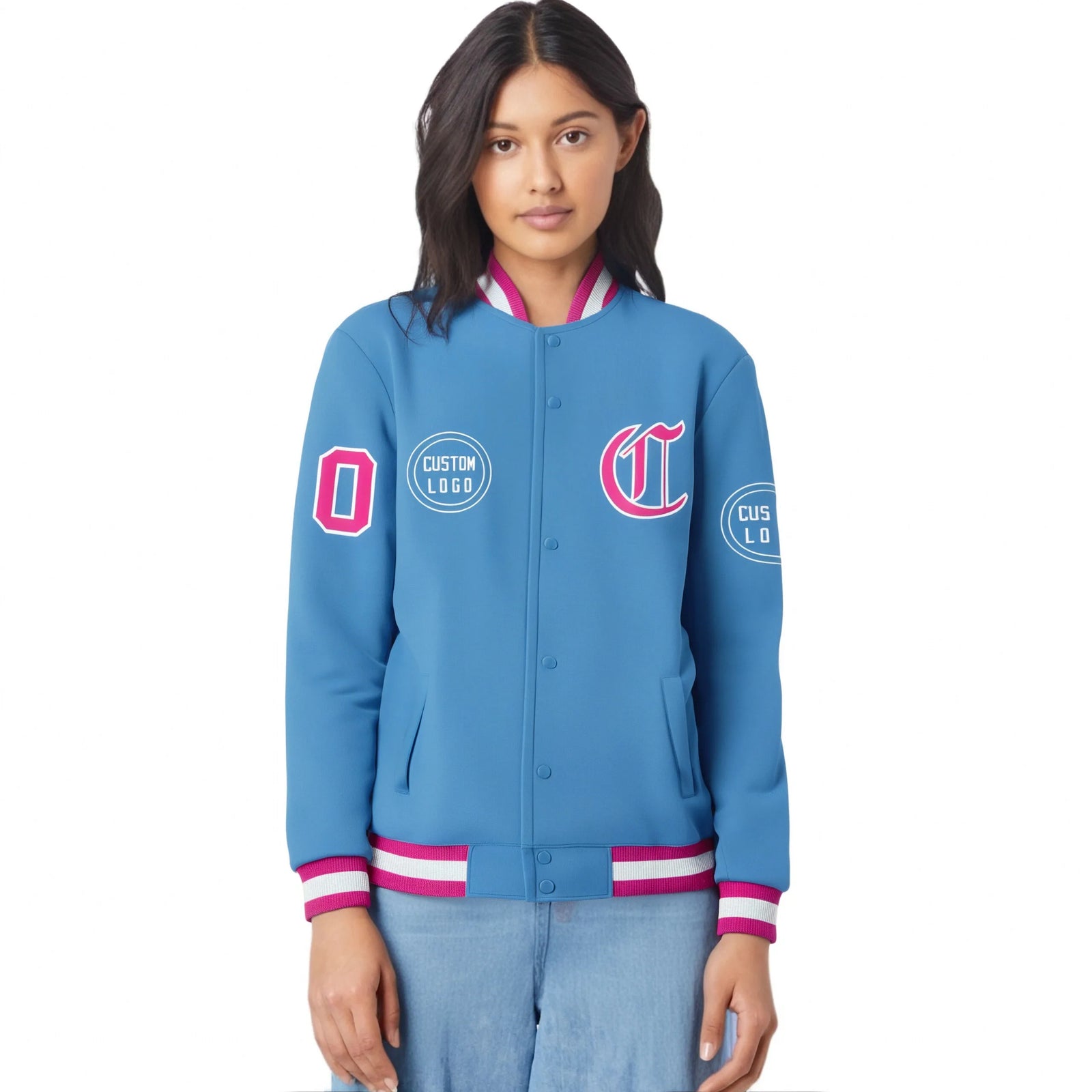Custom Powder Blue Pink-White Bomber Full-Snap Varsity Letterman Jacket