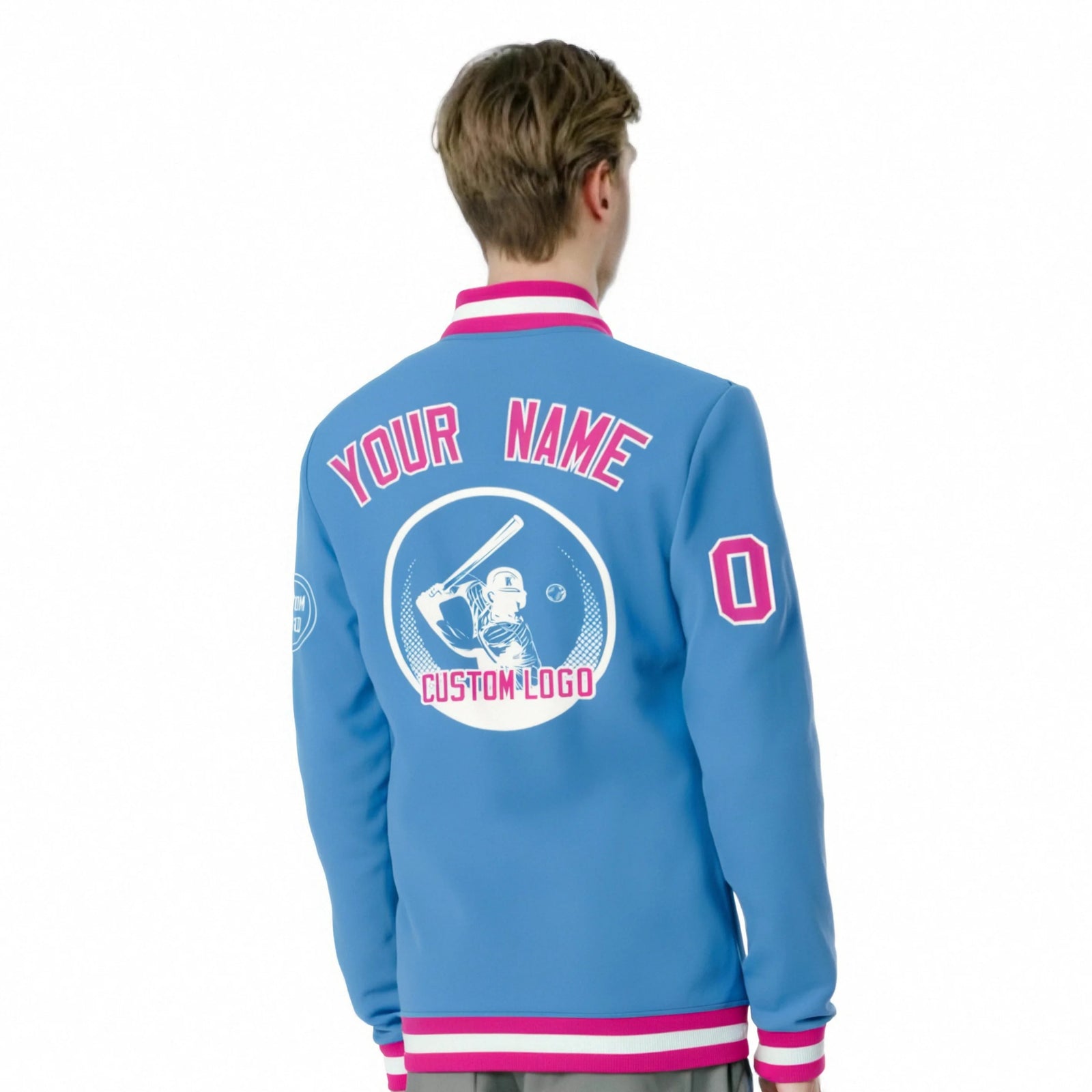 Custom Powder Blue Pink-White Bomber Full-Snap Varsity Letterman Jacket