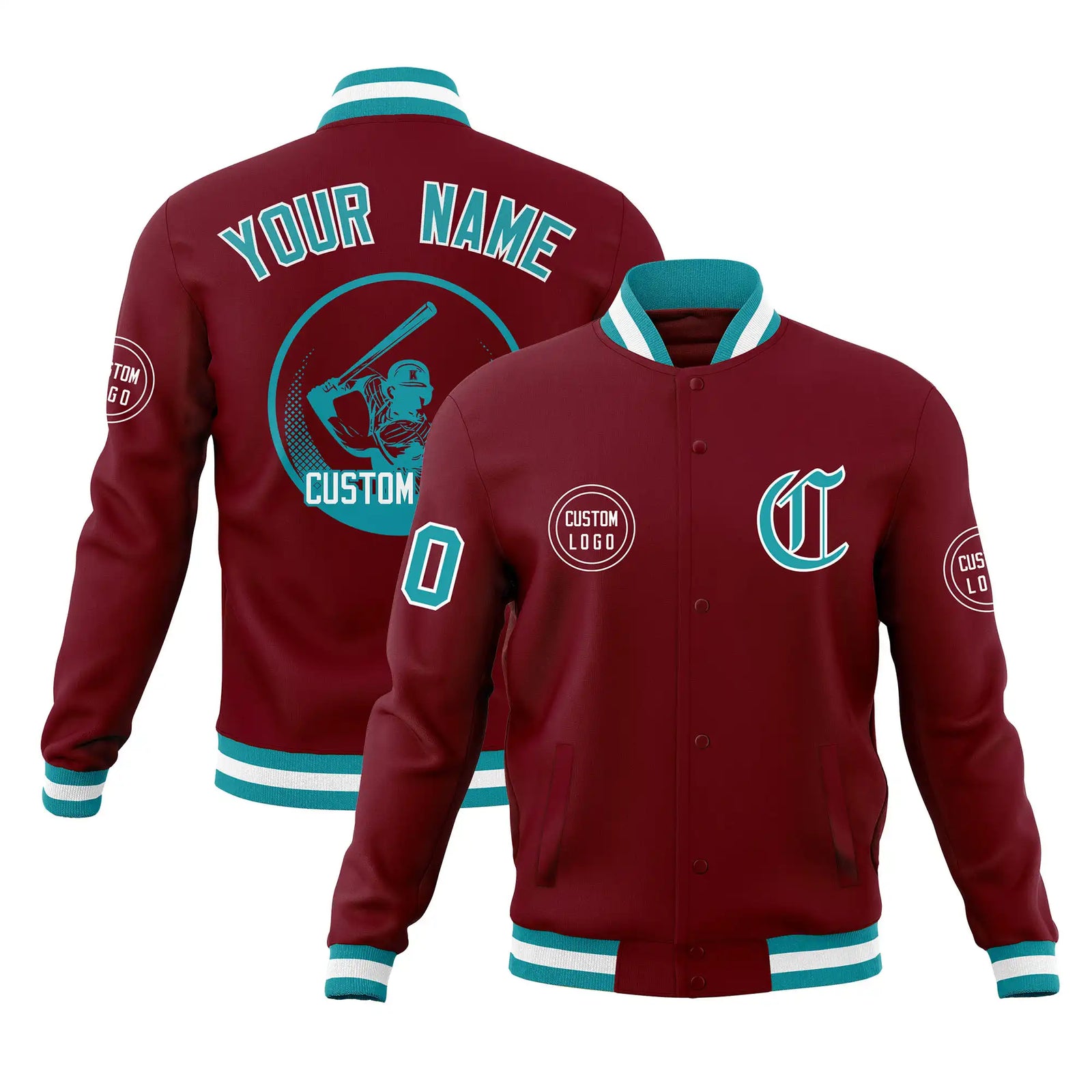 Custom Crimson Aqua-White Bomber Full-Snap Varsity Letterman Jacket