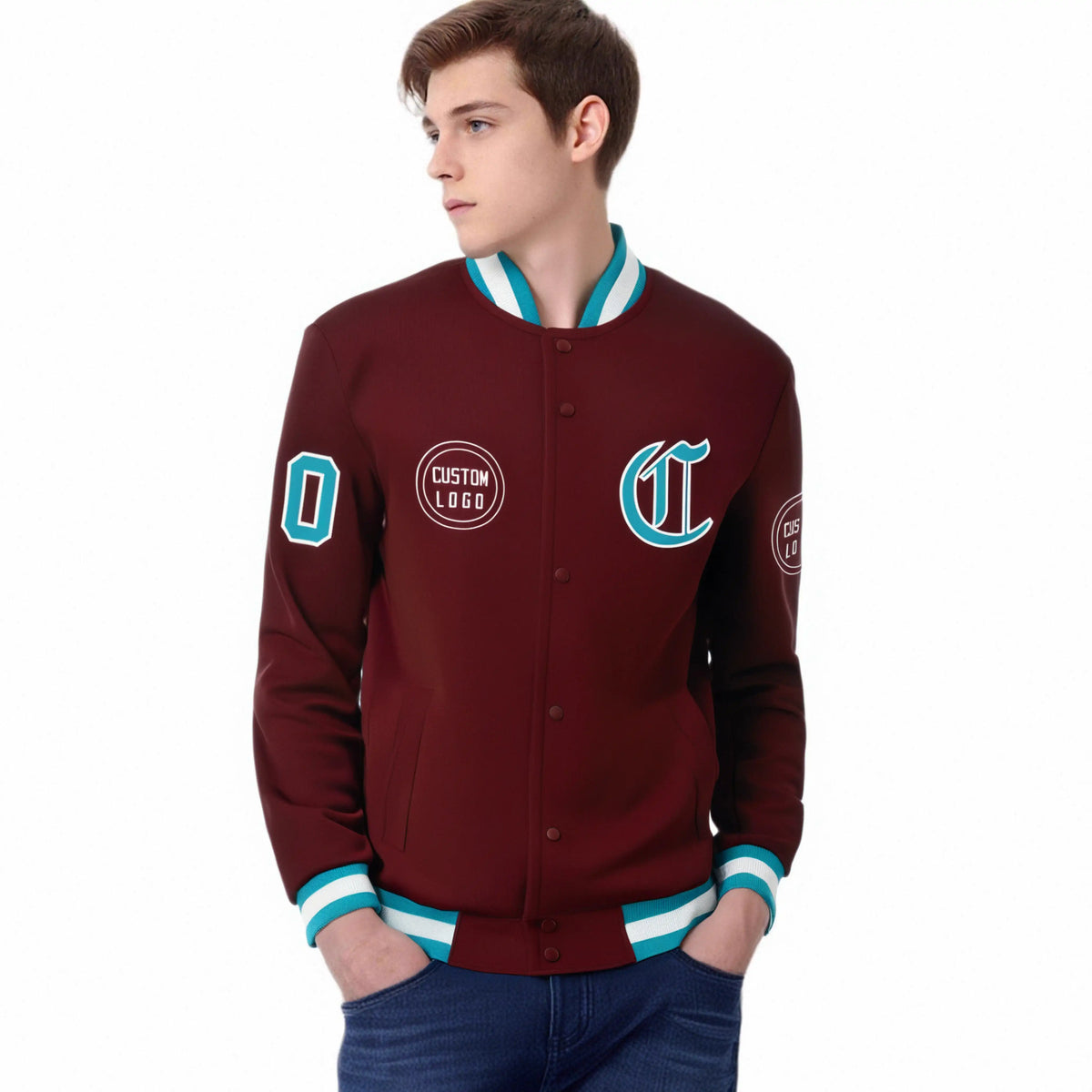 Custom Crimson Aqua-White Bomber Full-Snap Varsity Letterman Jacket