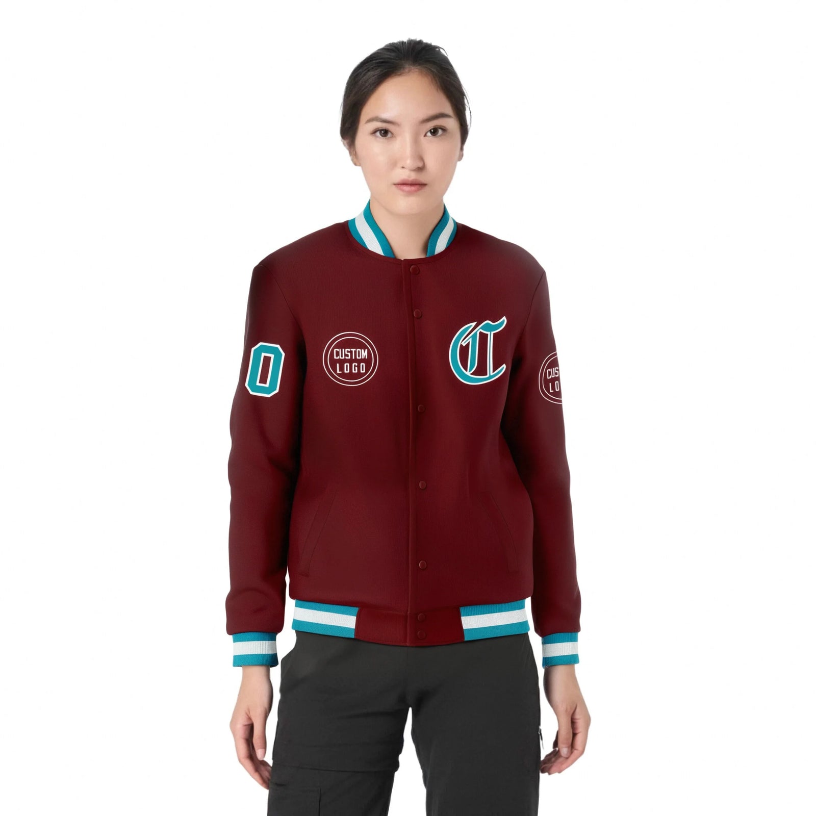Custom Crimson Aqua-White Bomber Full-Snap Varsity Letterman Jacket