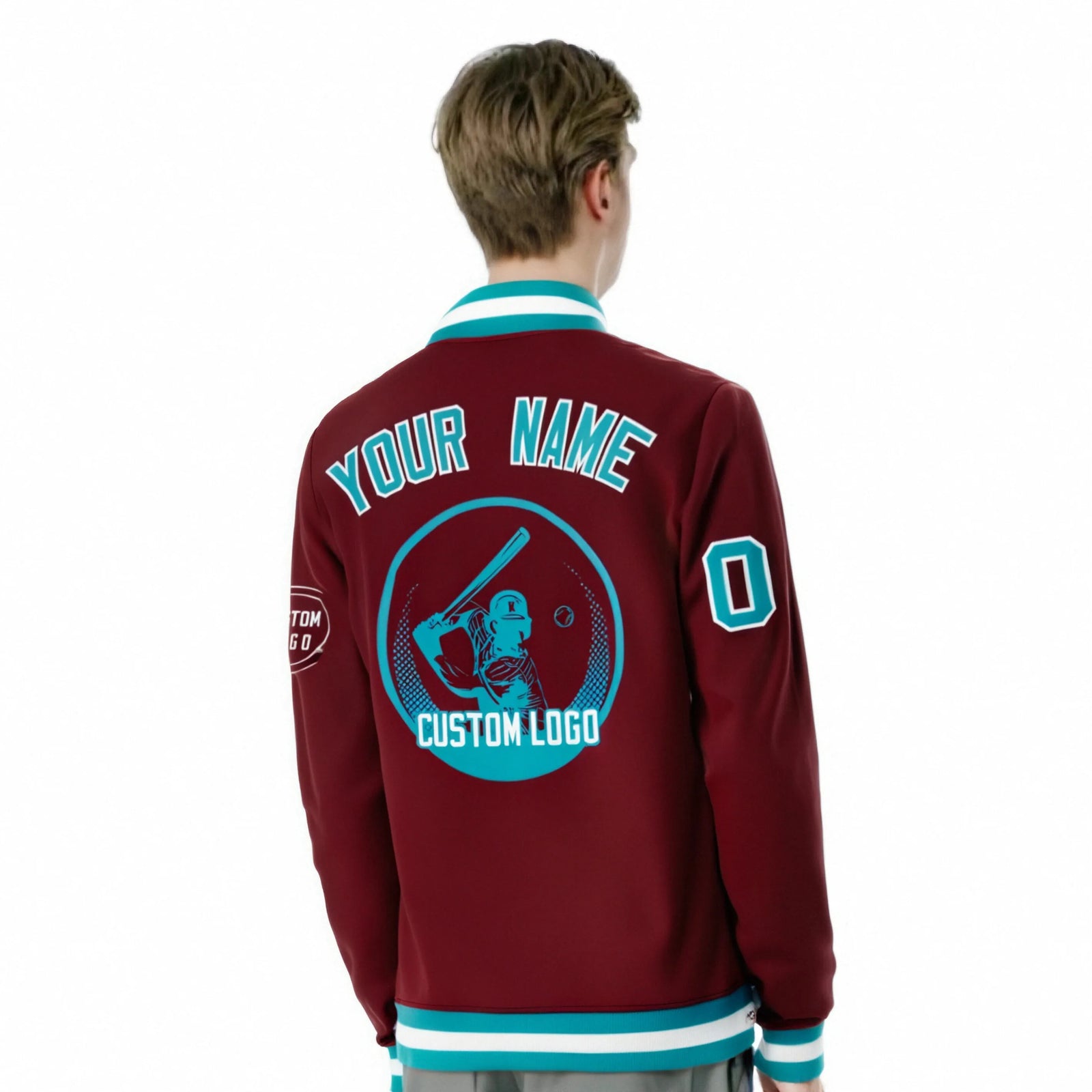 Custom Crimson Aqua-White Bomber Full-Snap Varsity Letterman Jacket