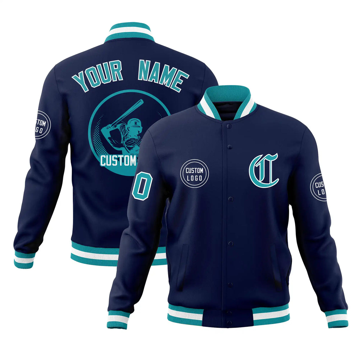 Custom Navy Aqua-White Bomber Full-Snap Varsity Letterman Jacket