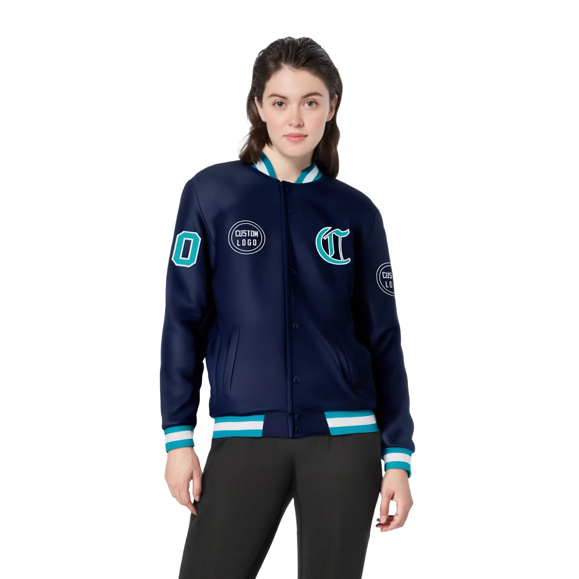 Custom Navy Aqua-White Bomber Full-Snap Varsity Letterman Jacket