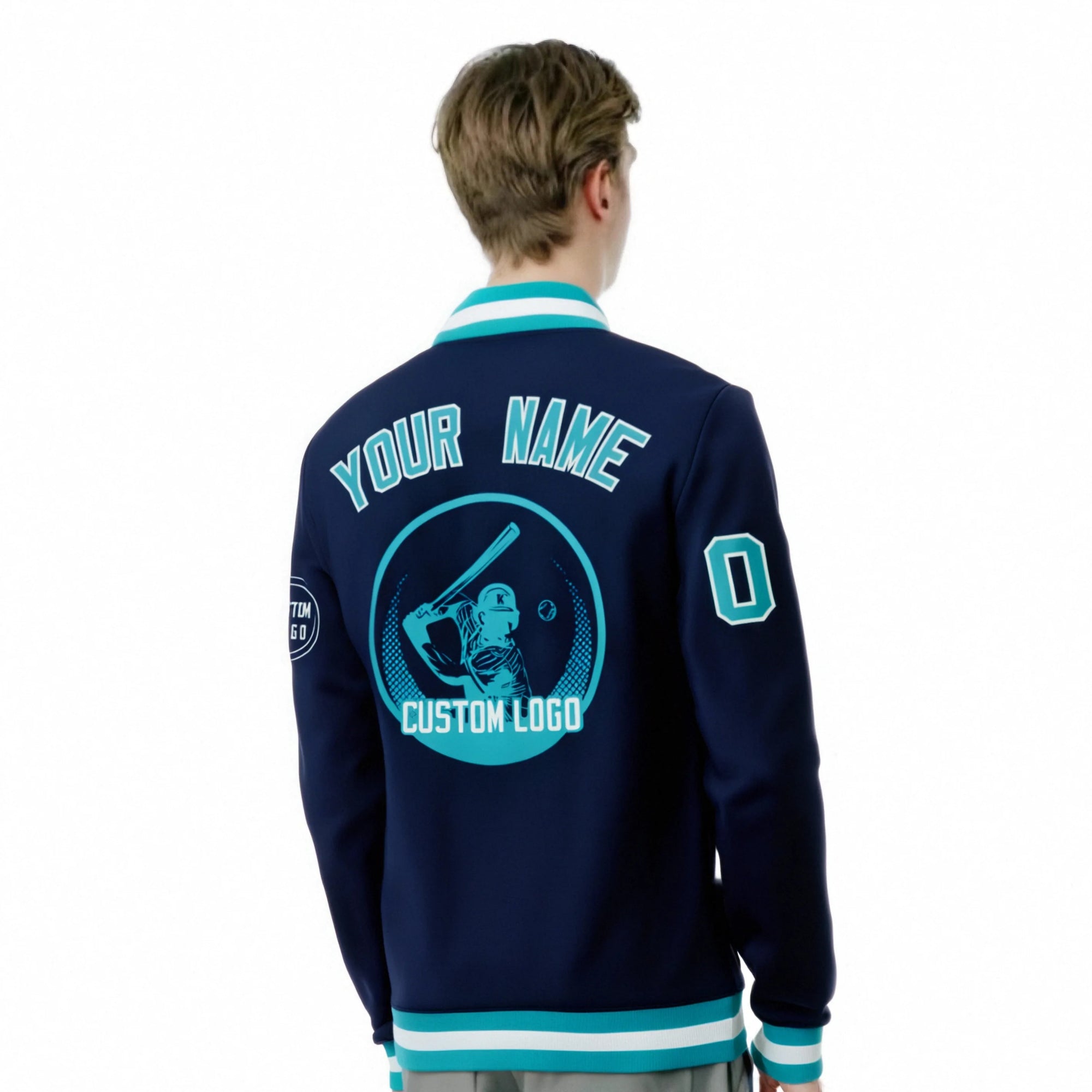 Custom Navy Aqua-White Bomber Full-Snap Varsity Letterman Jacket