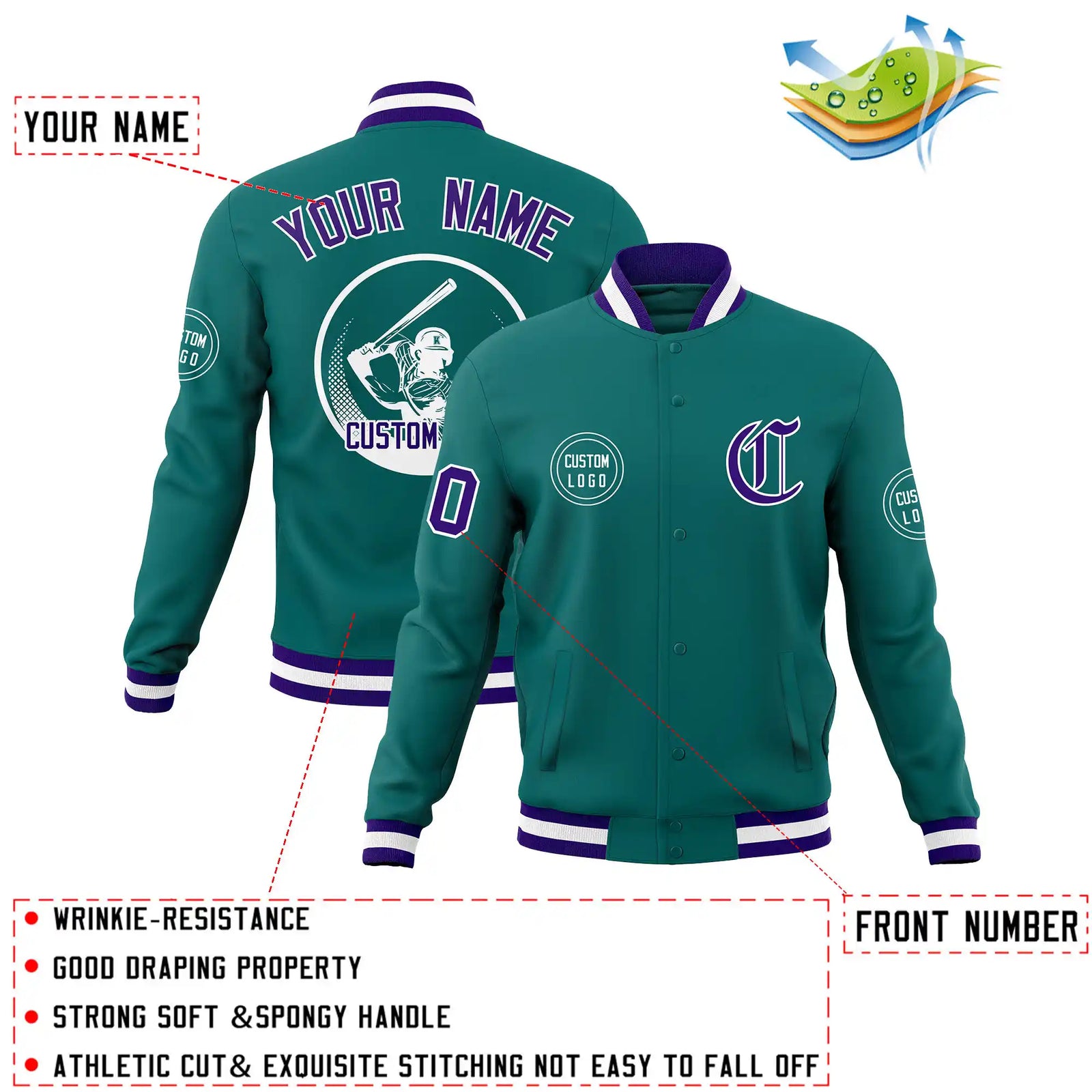 Custom Aqua Purple-White Bomber Full-Snap Varsity Letterman Jacket