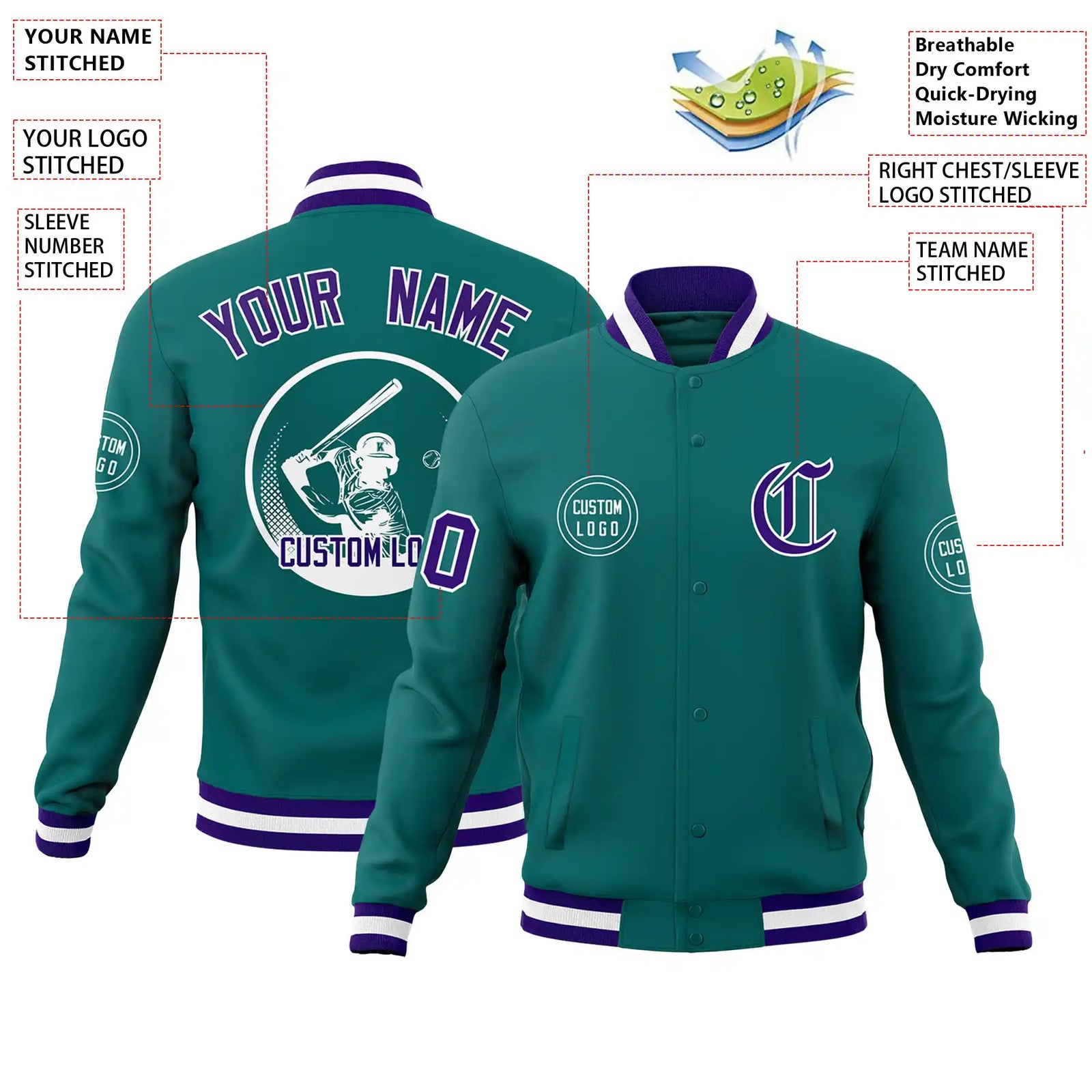 Custom Aqua Purple-White Bomber Full-Snap Varsity Letterman Jacket