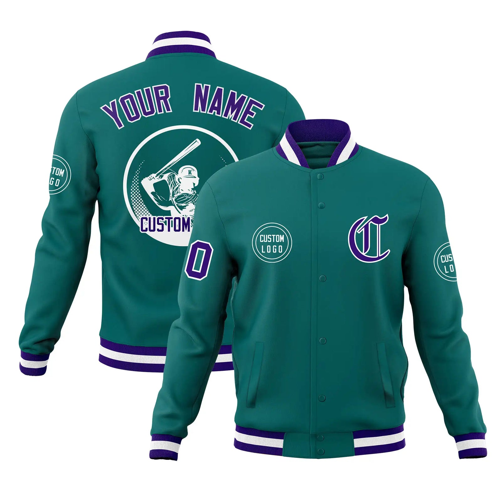Custom Aqua Purple-White Bomber Full-Snap Varsity Letterman Jacket