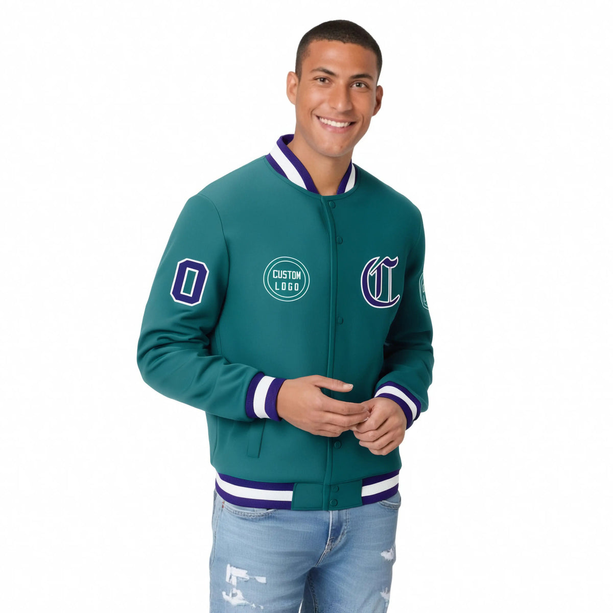Custom Aqua Purple-White Bomber Full-Snap Varsity Letterman Jacket