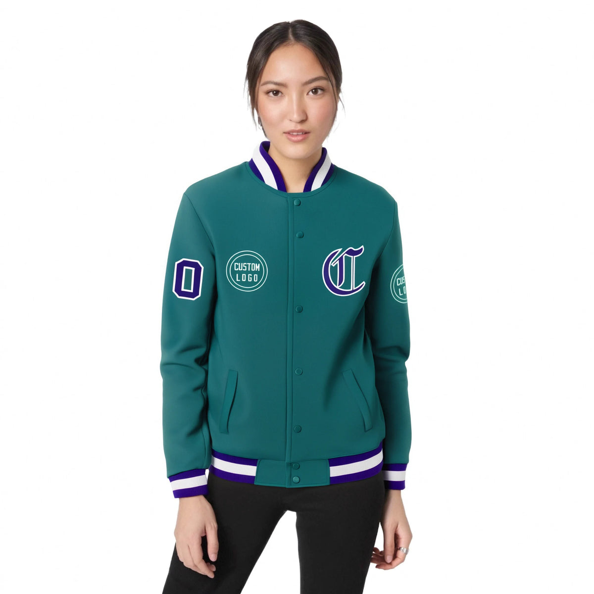 Custom Aqua Purple-White Bomber Full-Snap Varsity Letterman Jacket