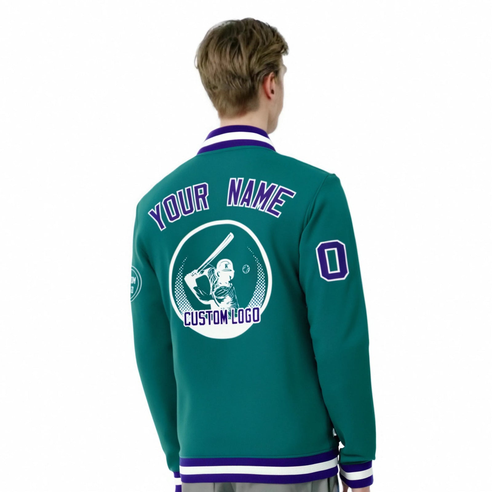 Custom Aqua Purple-White Bomber Full-Snap Varsity Letterman Jacket