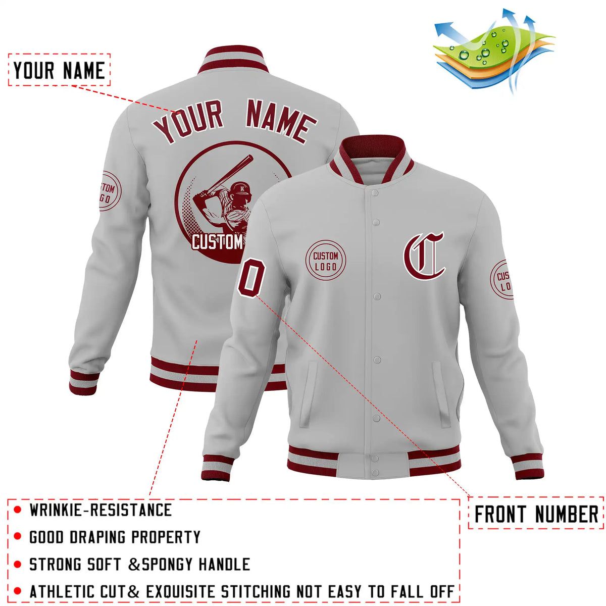 Custom Gray Crimson-Gray Bomber Full-Snap Varsity Letterman Jacket